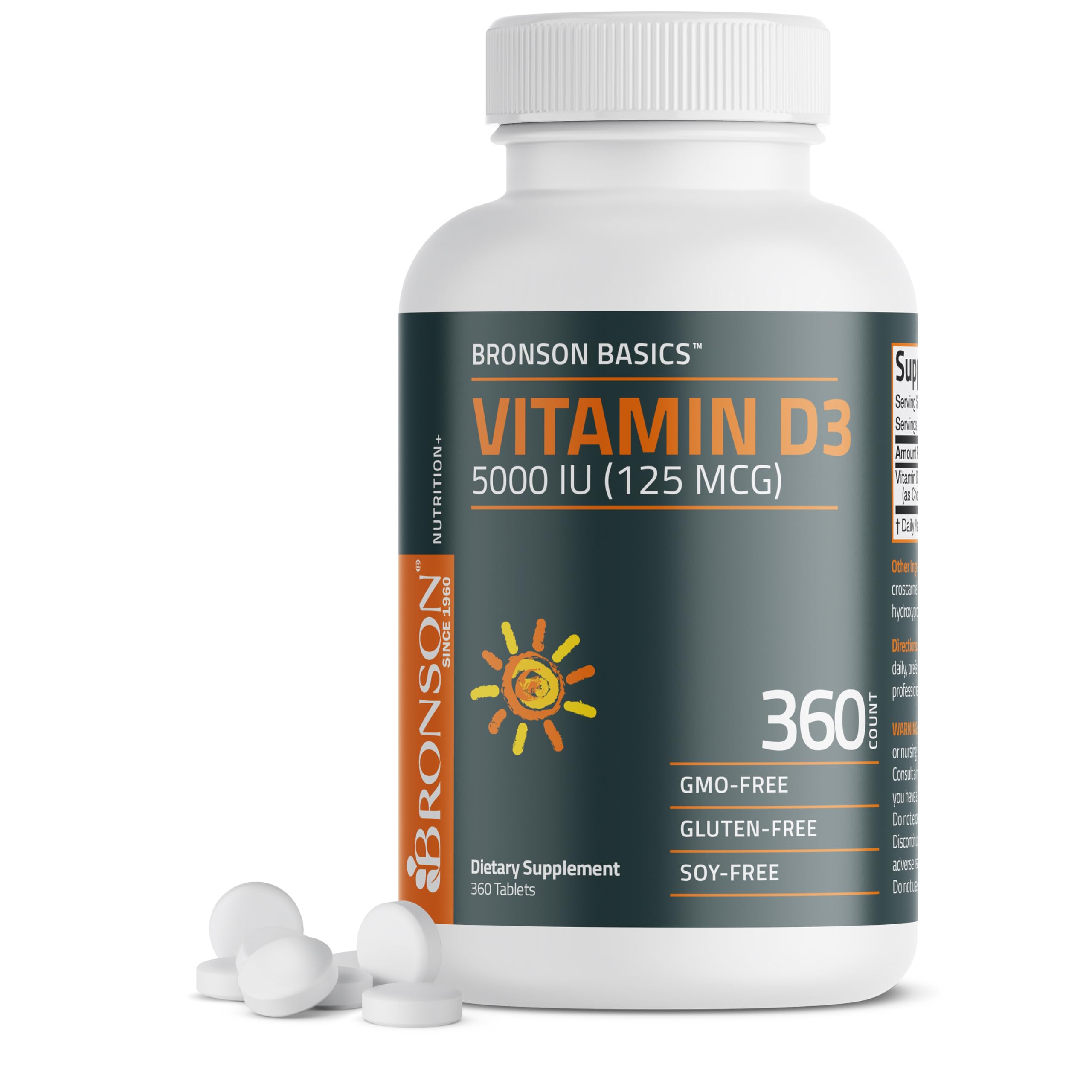 Bronson Vitamin D3 5000iu (125mcg) Healthy Muscle Function and Immune Support, Non-GMO, 360 Tablets