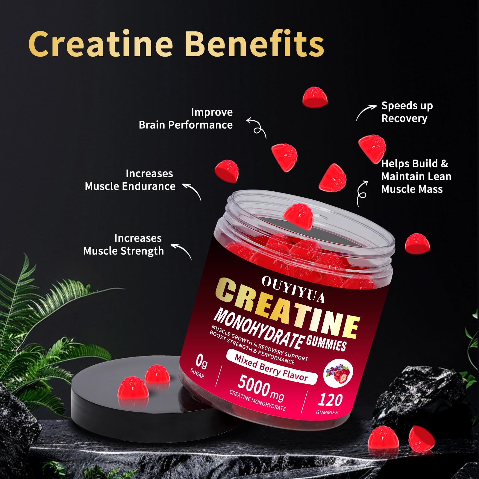 OUYIYUA Creatine Monohydrate Gummies 5000mg for Men & Women - Sugar Free Pre-Workout Supplement, Chewables for Muscle Strength, Muscle Builder, Energy Boost,