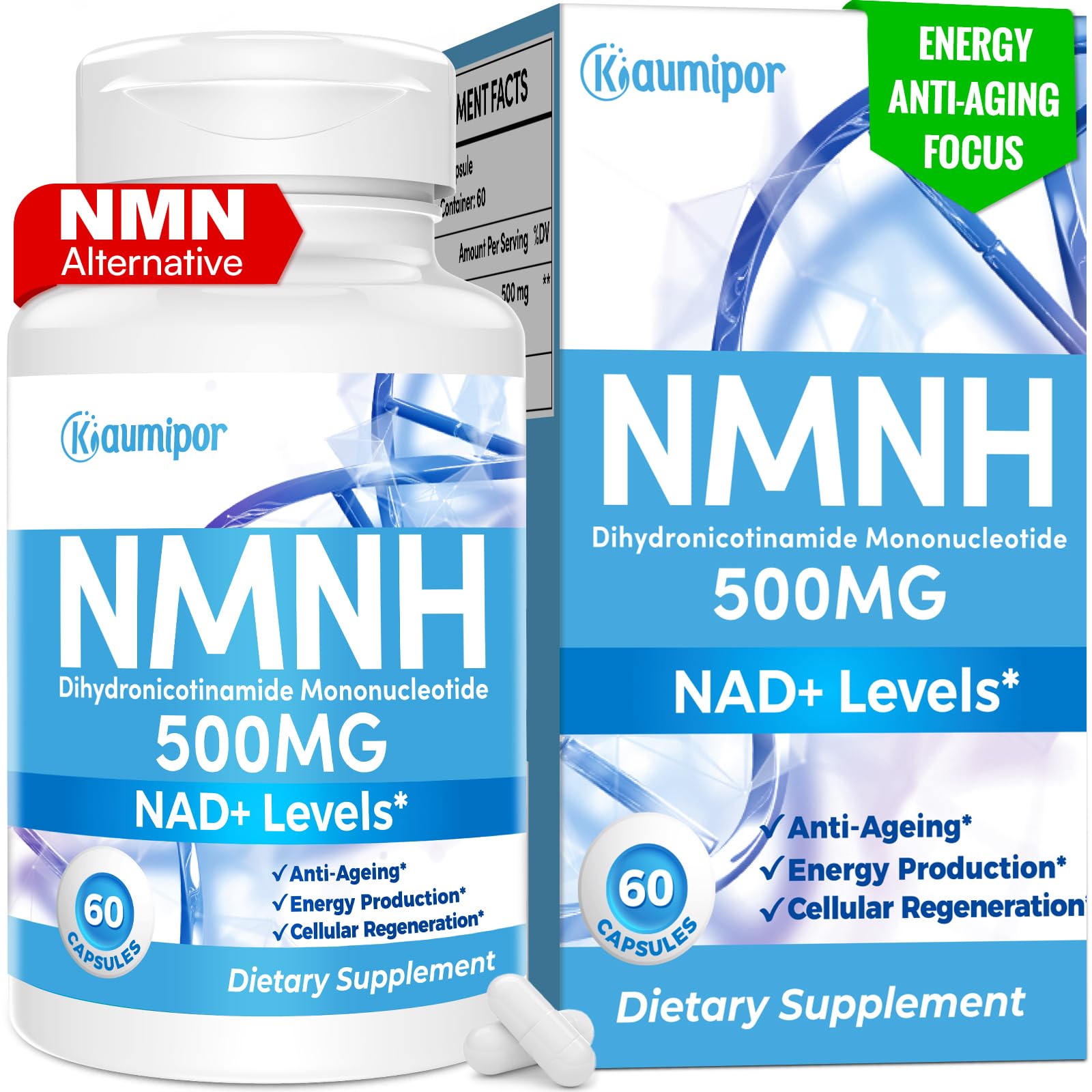 Kaumipor NMNH (Dihydronicotinamide Mononucleotide) NMN Alternative Supplement, 500 mg Per Serving NAD Supplement to Boost NAD+ Levels, for Anti Aging, Energy, Immunity, Focus, 60 Vegan Capsules Kaumipor Au supplements