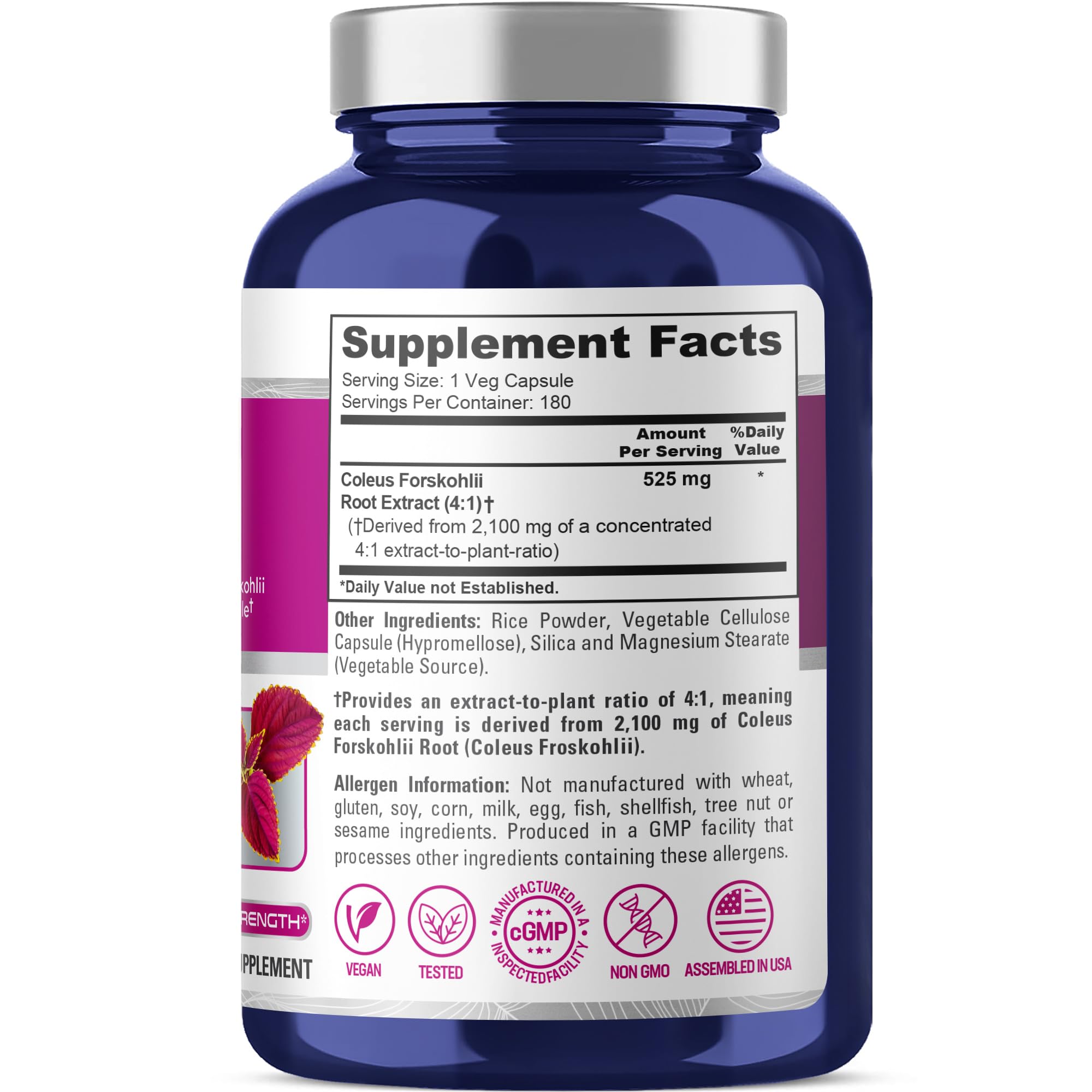 NusaPure Forskohlii 4:1 Extract, 525 mg Equivalent to 21,00 mgper Veggie Caps - 180 Capsules (Non-GMO, Vegan & Gluten Free) NusaPure Au supplements