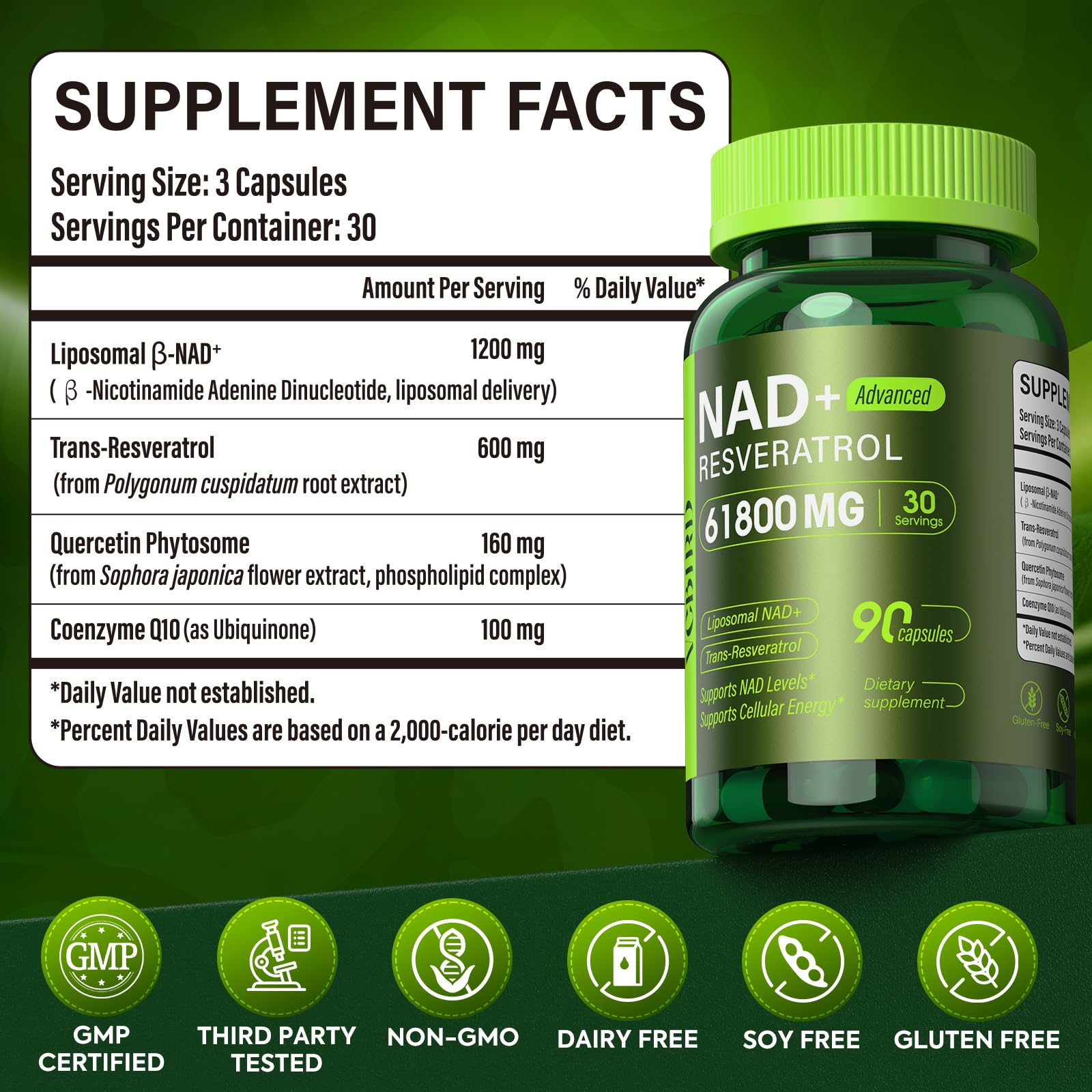 Nad Resveratrol Supplement 61800mg Per Bottle – Liposomal Nad+ Resveratrol for Women & Men – High Purity 1200mg Nad+ Supplement for Energy & Healthy Aging, Resveratrol, Quercetin, CoQ10 – 90 Counts VCBIRD Au supplements