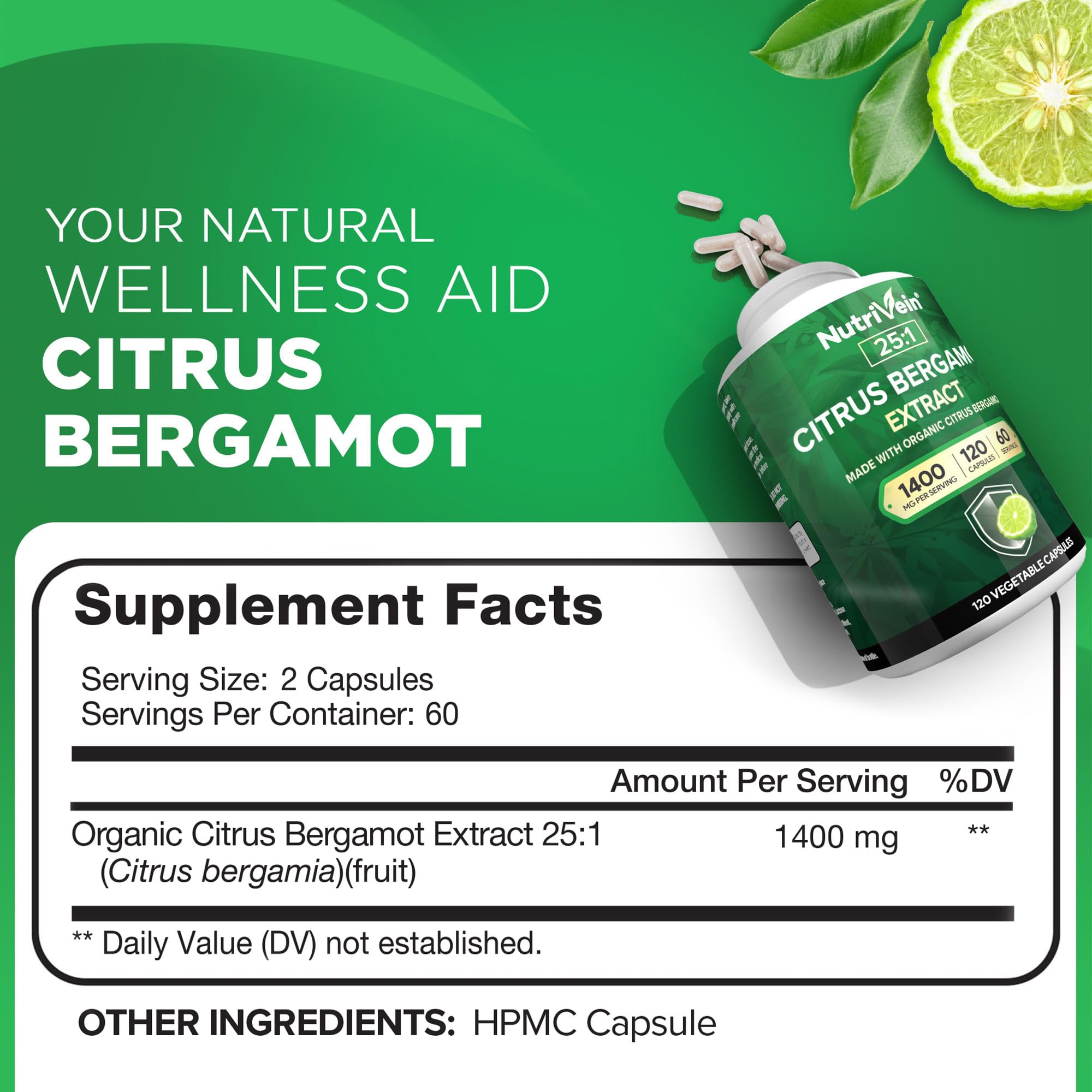 Nutrivein Premium Citrus Bergamot Supplement 1400mg 25:1 Bergamia Extract - 60 Day Supply (120 Capsules): Powerful Italian Citrus Bergamot 1400 mg+