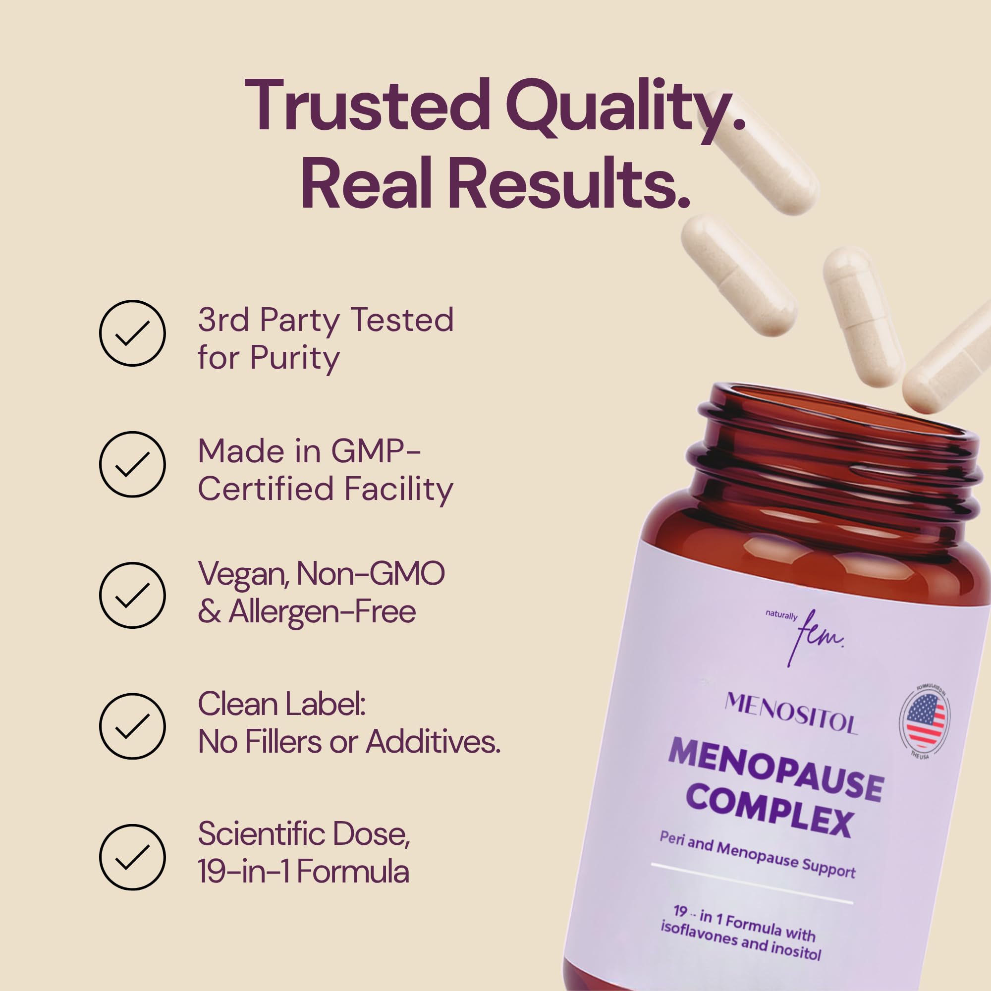 Inositol FEM Menositol 19-in-1 60Caps, Perimenopause & Menopause Supplements for Women Weight Loss with Myo-Inositol, D-chiro and Isoflavones, Control Metabolic Health, 100% Natural, Hormone, SoyFree QSTA Au supplements