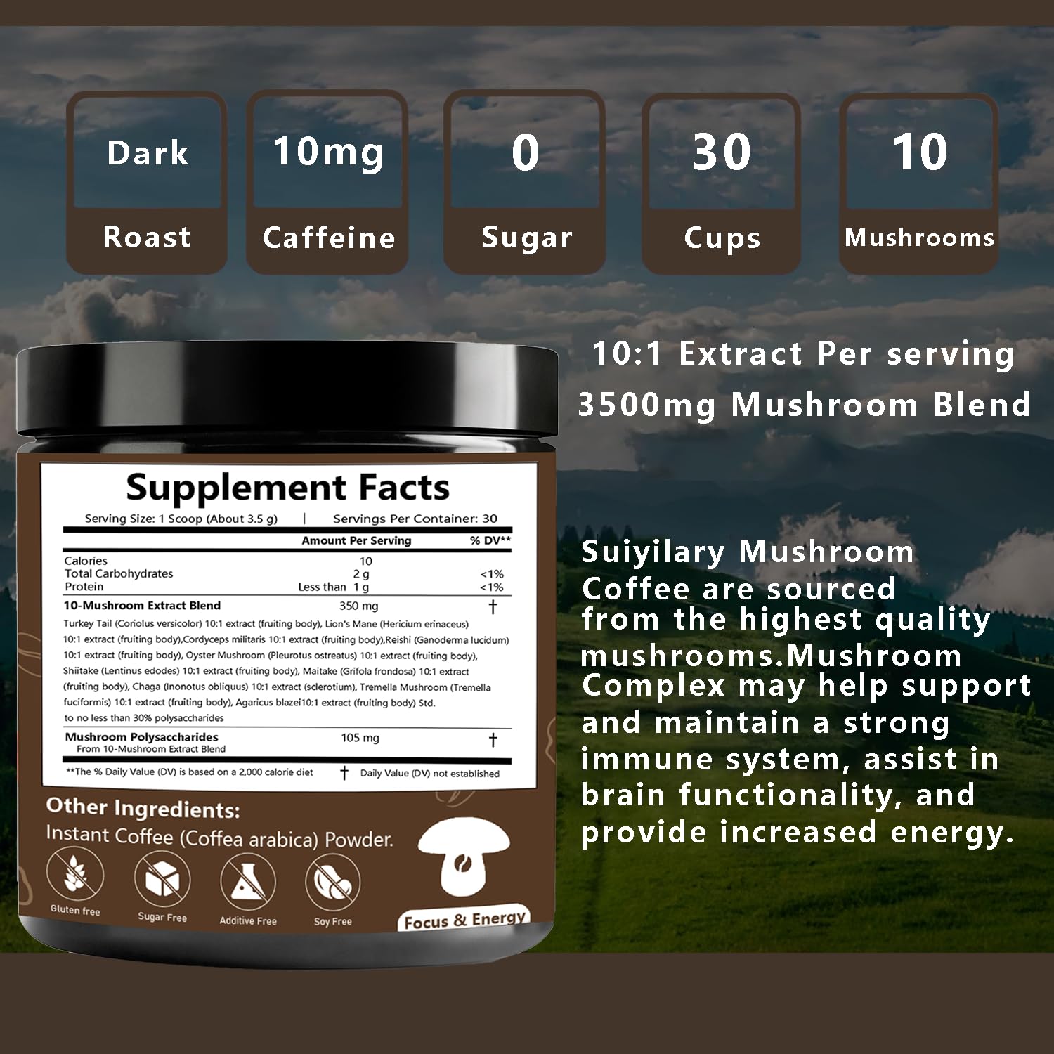 Suiyilary 10 Mushroom Coffee with Arabica w, Lion's Mane, Reishi, Mushroom Polysaccharides & More, Instant Mushrooms Powder for Focus, Immunity Boost,