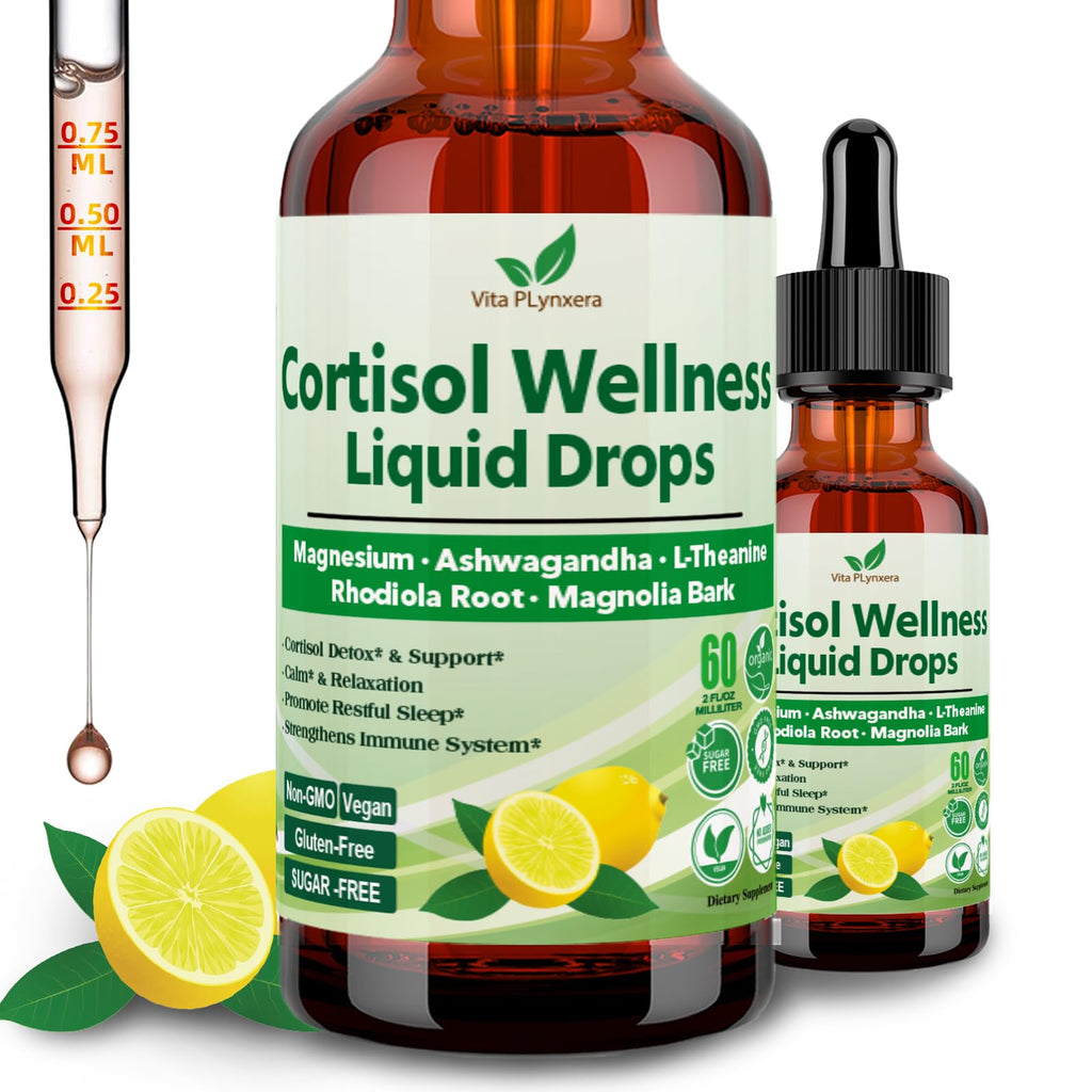 Vita PLynxera Cortisol Supplement Liquid Drops, 17-in-1 Cortisol Detox w. Magnesium Glycinate 400mg Ashwagandha, L-Theanine, Phosphatidylserine, Hormone Balanced