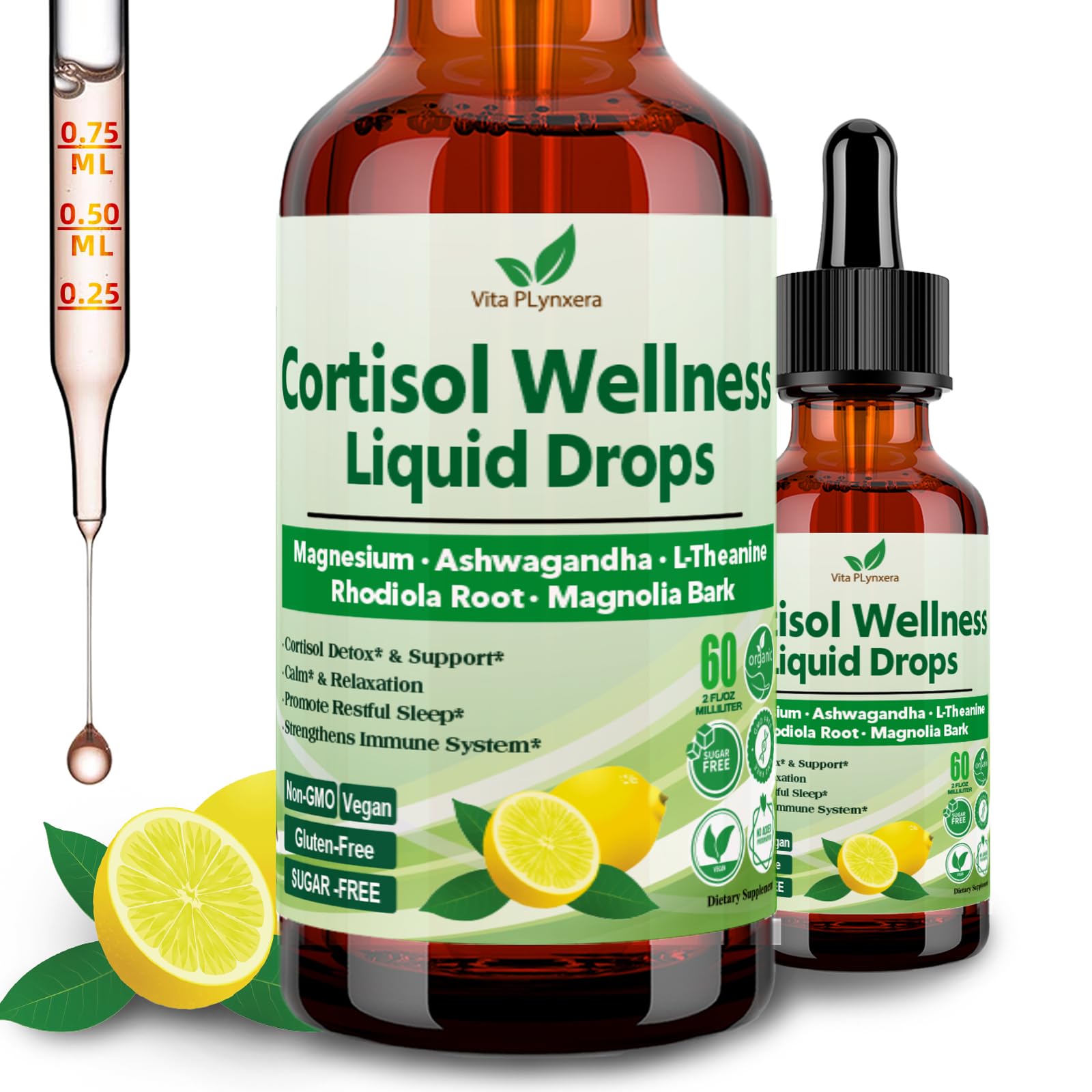 Vita PLynxera Cortisol Supplement Liquid Drops, 17-in-1 Cortisol Detox w. Magnesium Glycinate 400mg Ashwagandha, L-Theanine, Phosphatidylserine, Hormone Balanced