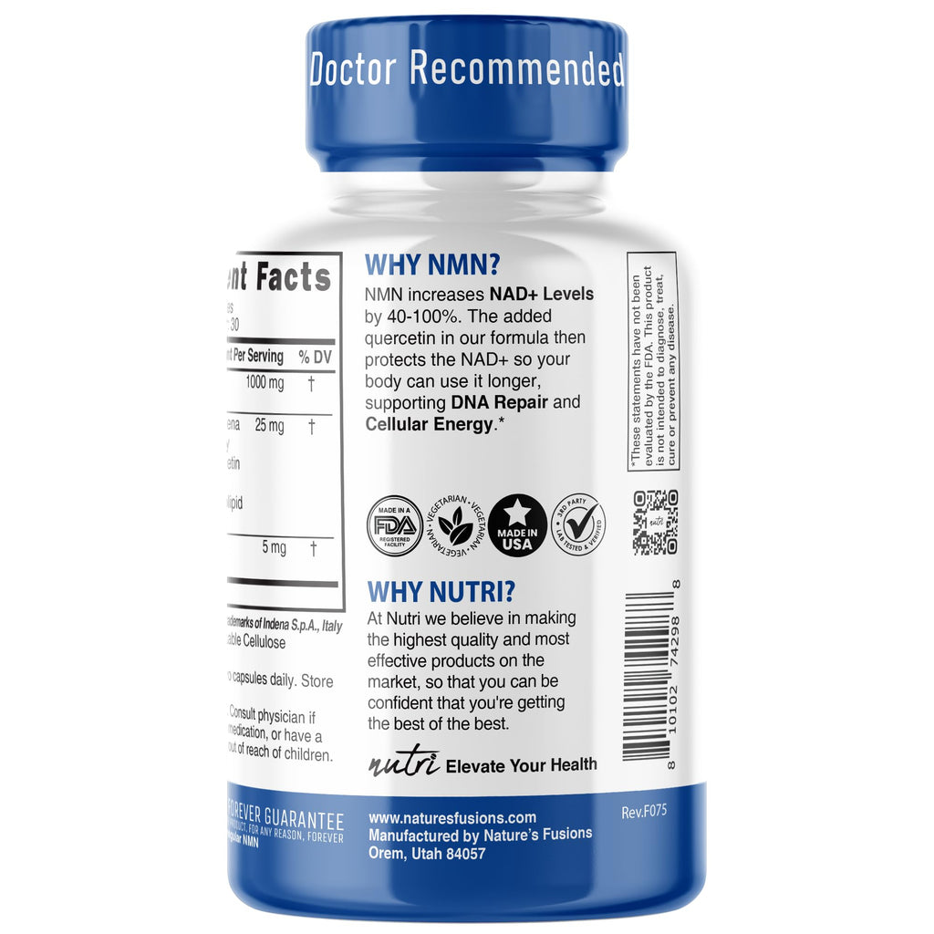 NMN Supplement 1000mg NAD Supplement - Nutri Ultra High Absorption Stabilized NMN Nicotinamide Mononucleotide, 40% More NAD+ with Quercetin Phytosome & Black Pepper - mnm supplement (60 Capsules) Nature's Fusions Au supplements