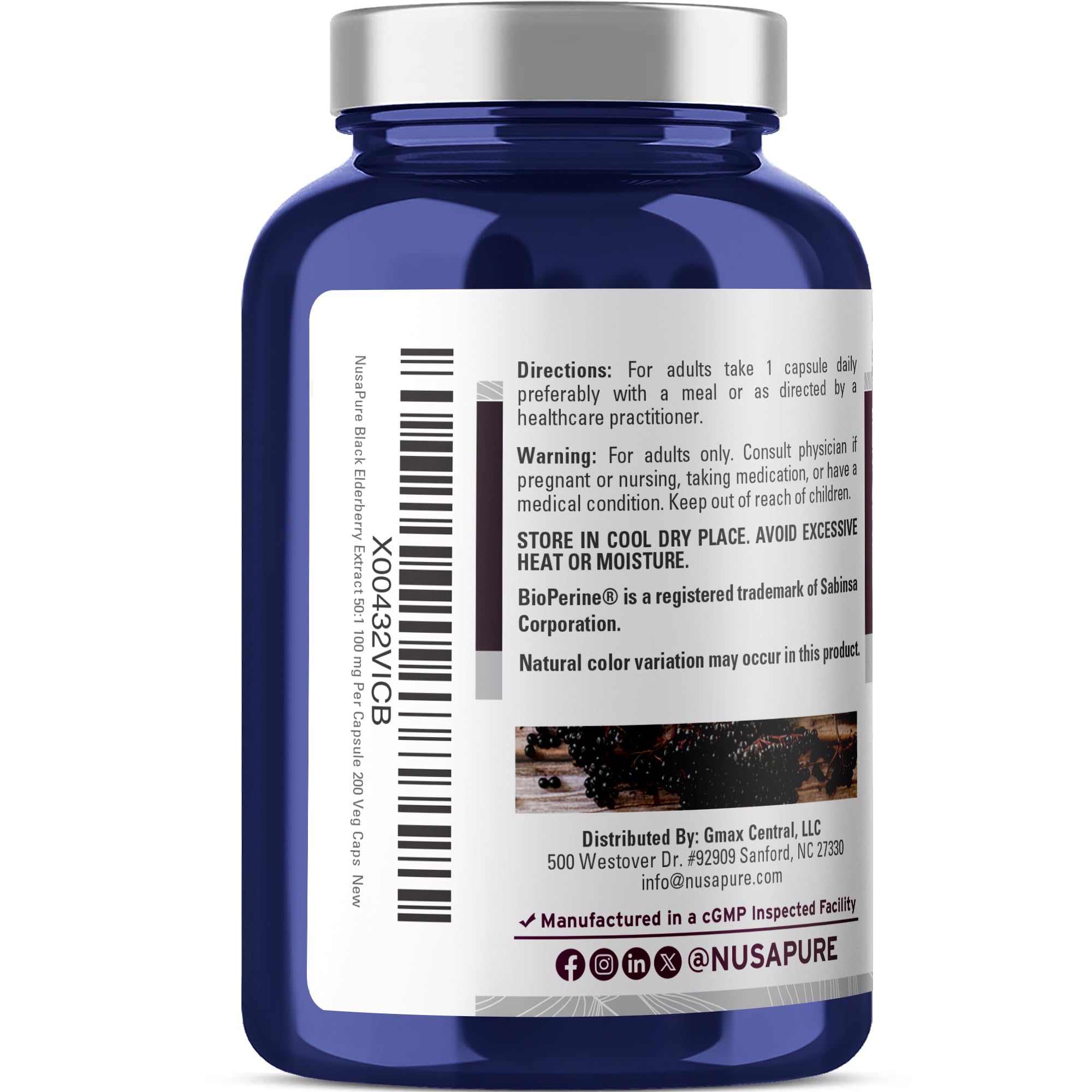 NusaPure Black Elderberry 50:1 Extract, 100 mg Equivalent to 5,000mg per Veggie Capsules, 200 Count (Vegan, Non-GMO, Bioperine) Dietary Supplement NusaPure Au supplements