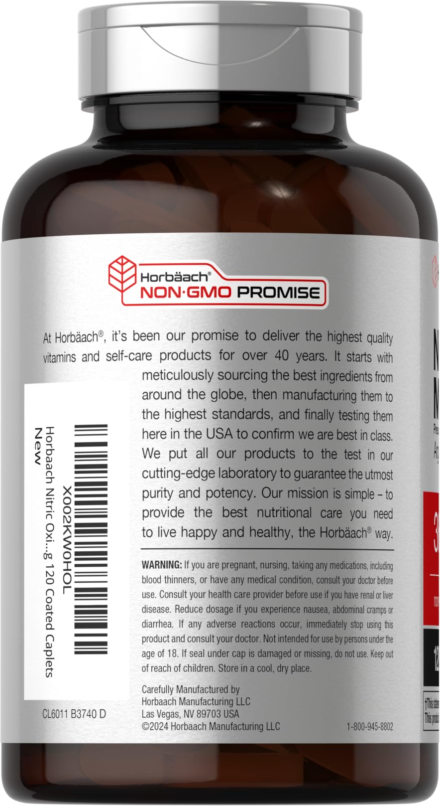 Horbäach Nitric Oxide Max 3600mg | 120 Caplets | with Arginine AAKG for Men and Women | Vegetarian, Non-GMO