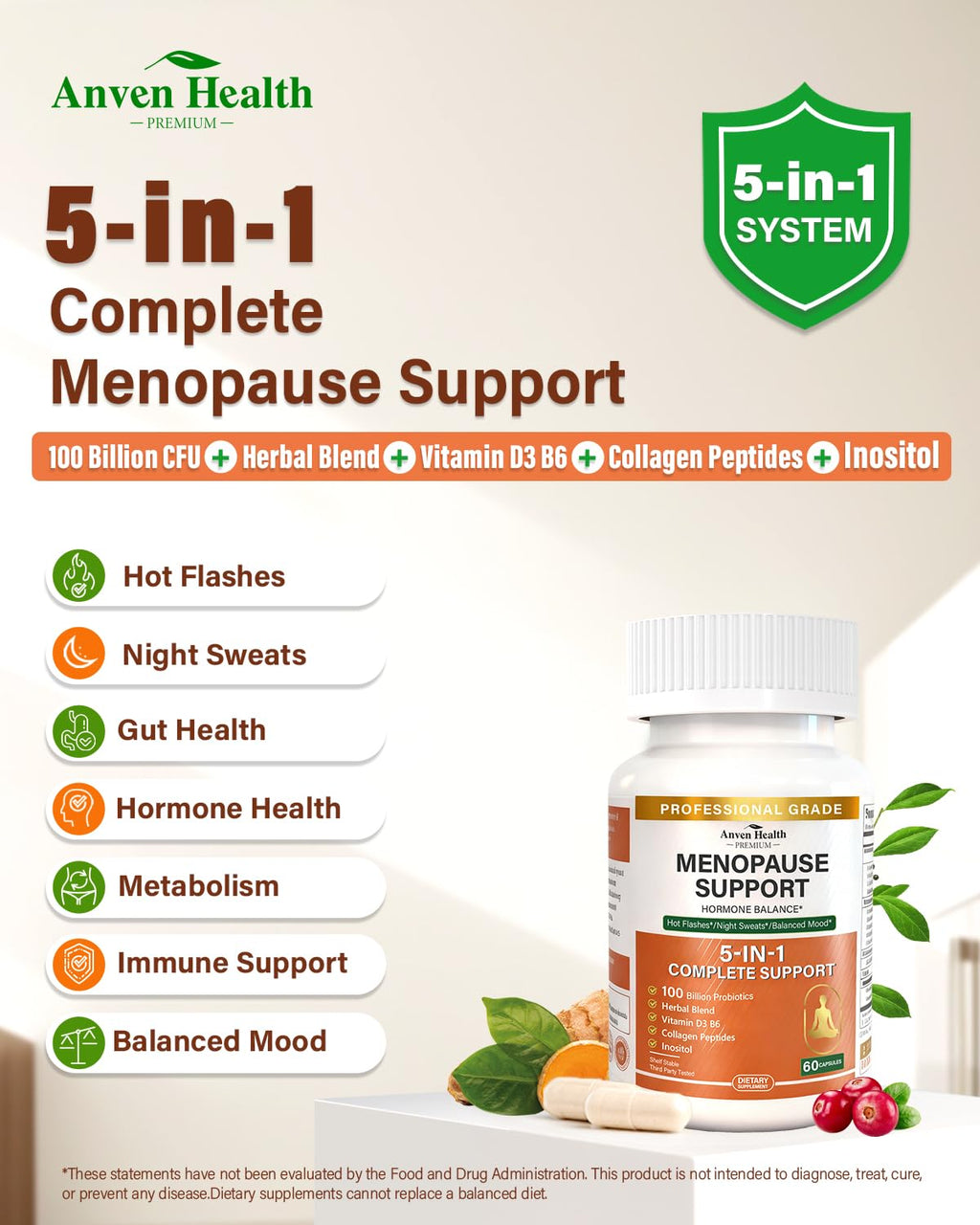 Anven Health Menopause Supplements for Women, Vitamin D3 & B6, Menopause Relief Probiotics Supports Hot Flashes, Night Sweats, Bloating & Gut Health with Black Cohosh, Herbs, Collagen | 60 Veggie Caps Anven Health Au supplements
