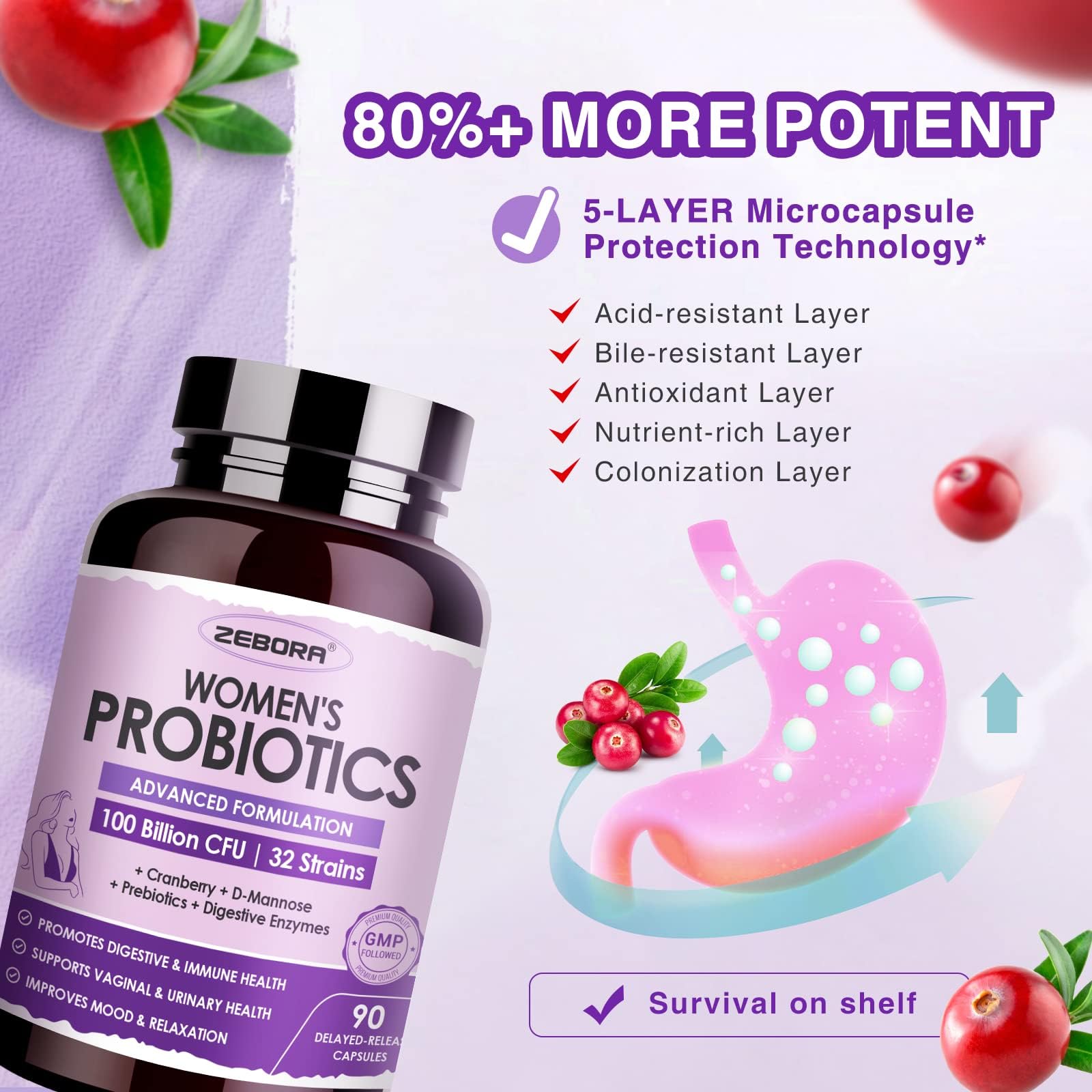 ZEBORA Probiotics for Women Digestive Health with Enzymes & Prebiotics 100 Billion CFUs| Vaginal Probiotics with D Mannose & Cranberry | Urinary Tract Health