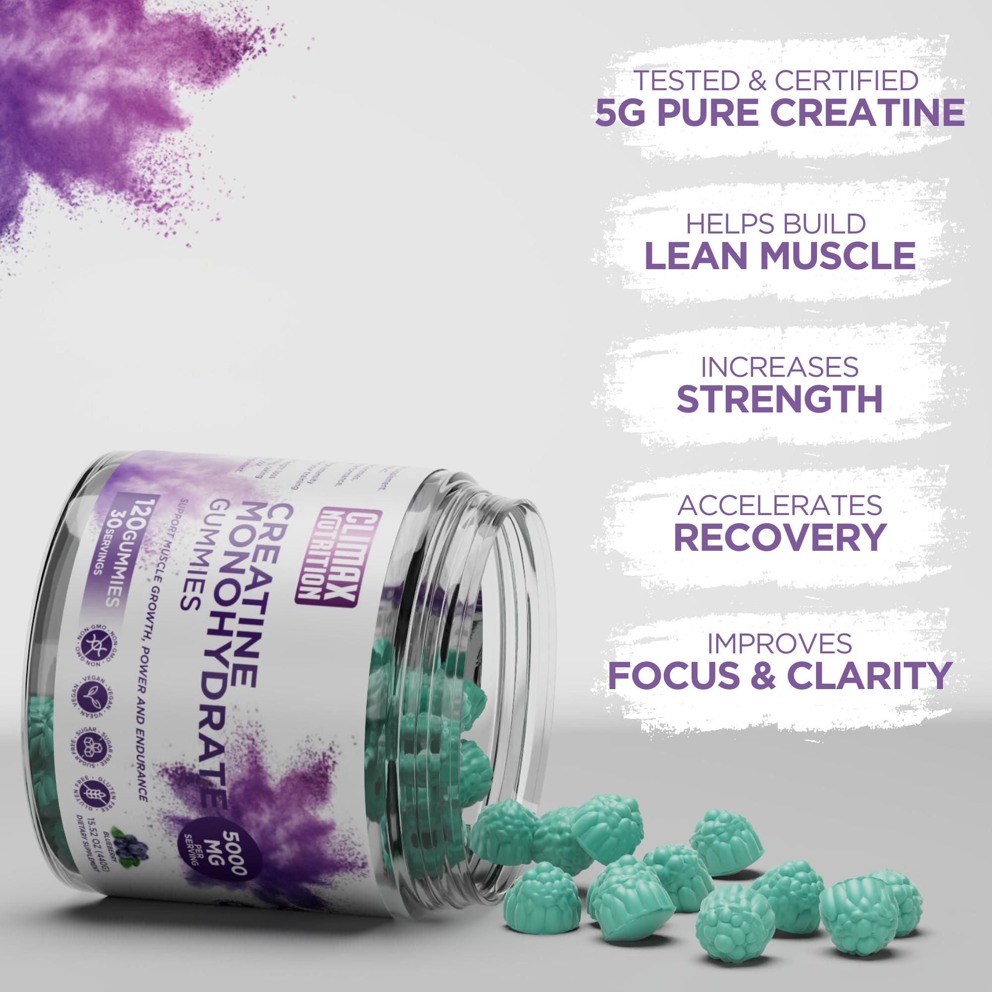 Creatine Monohydrate Gummies - Vegan, Sugar-Free, Gluten-Free - Boosts Muscle Recovery, Strength & Lean Muscle Growth - Brain Health Support - for Men & Women - Blueberry Flavor - 120 Gummies CLIMAX NUTRITION Au supplements