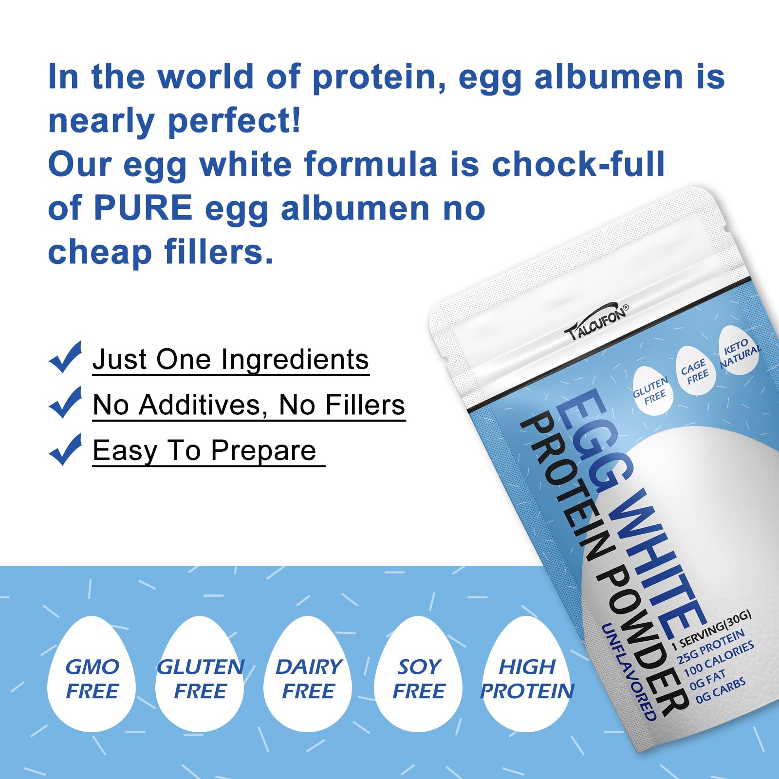 Talcufon Egg White Protein Powder 8 Oz Pasteurized No Additives, High Protein, Gluten-Free Ideal for Baking and Cooking, Unflavored 227G