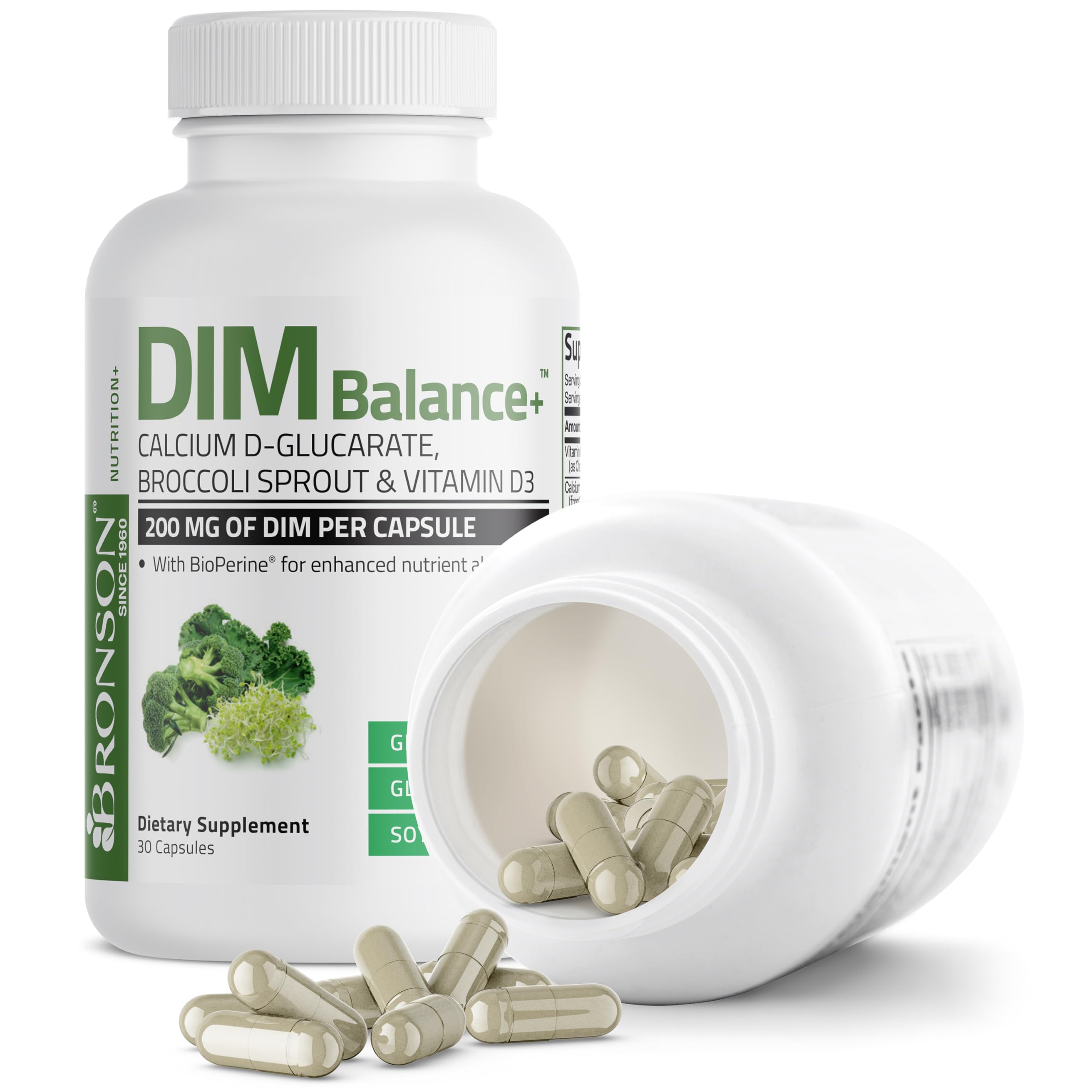 Bronson DIM Balance+ Calcium D-Glucarate, Broccoli Sprouts and Vitamin D3 200 MG of DIM per Capsule Supports Estrogen Metabolism and Balanced Hormone Levels Non-GMO, 30 Vegetarian Capsules Bronson Au supplements
