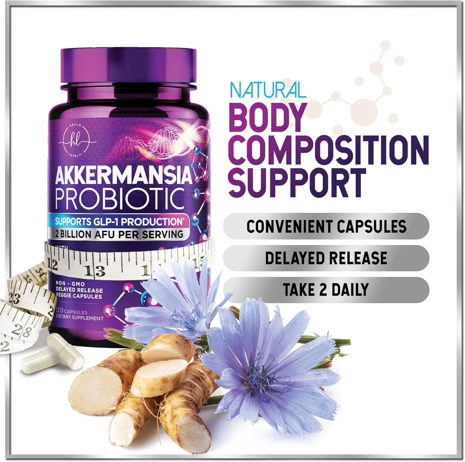 Akkermansia Probiotic - 2 Billion AFU per Serving - Best Strain for GLP-1 Production Support with Prebiotic Fiber for Natural Digestive & Gut Health