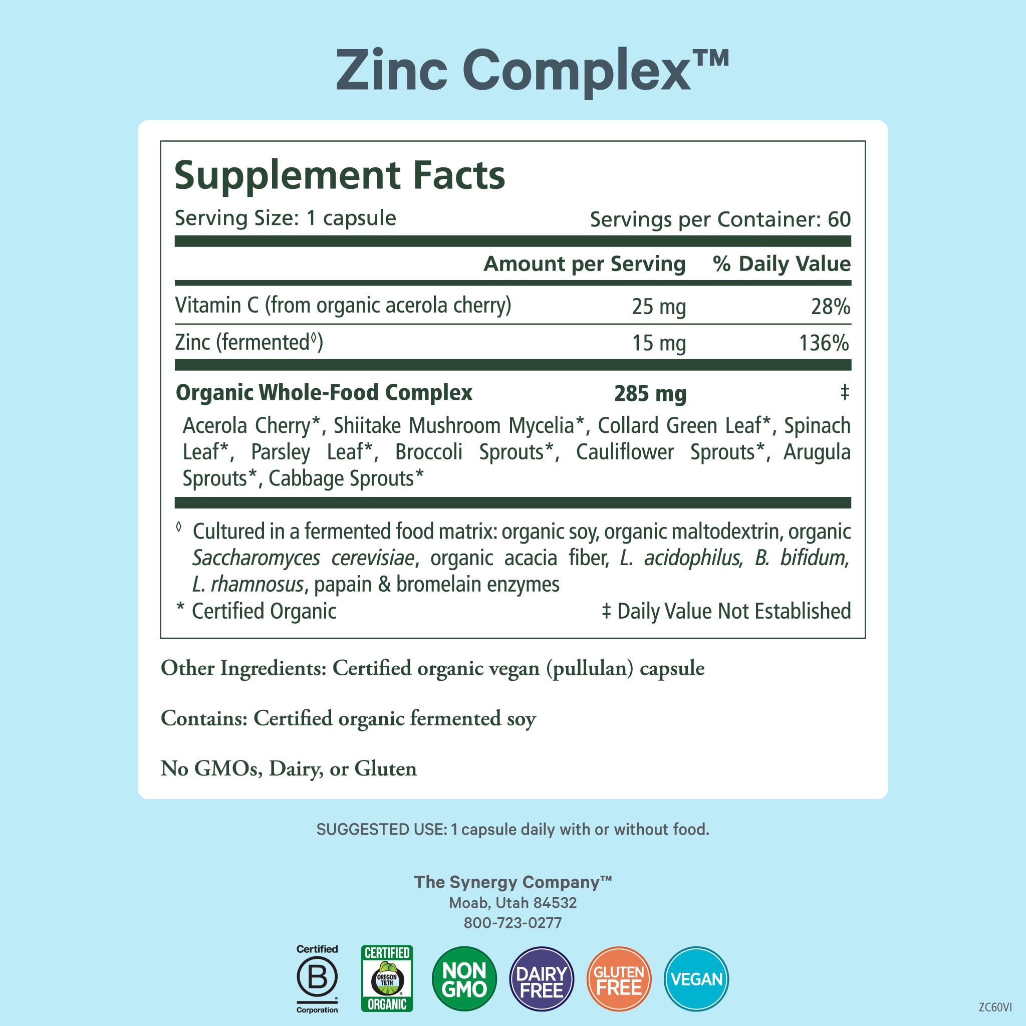 PURE SYNERGY Zinc Complex | Immune Support Supplement | Natural, Vegan Zinc Complex with Vitamin C and Organic Whole Foods | for Immune