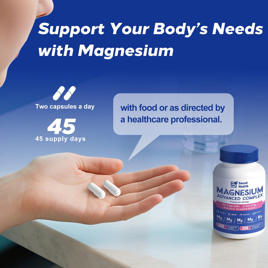 Magnesium Complex Capsule 5 in 1 Magnesium Supplement from Magnesium Glycinate, Citrate, Malate, L-Threonate & Vitamin B6, High Absorption Magnesium Supplement, Non-GMO, Vegan Sound Health Plus Au supplements