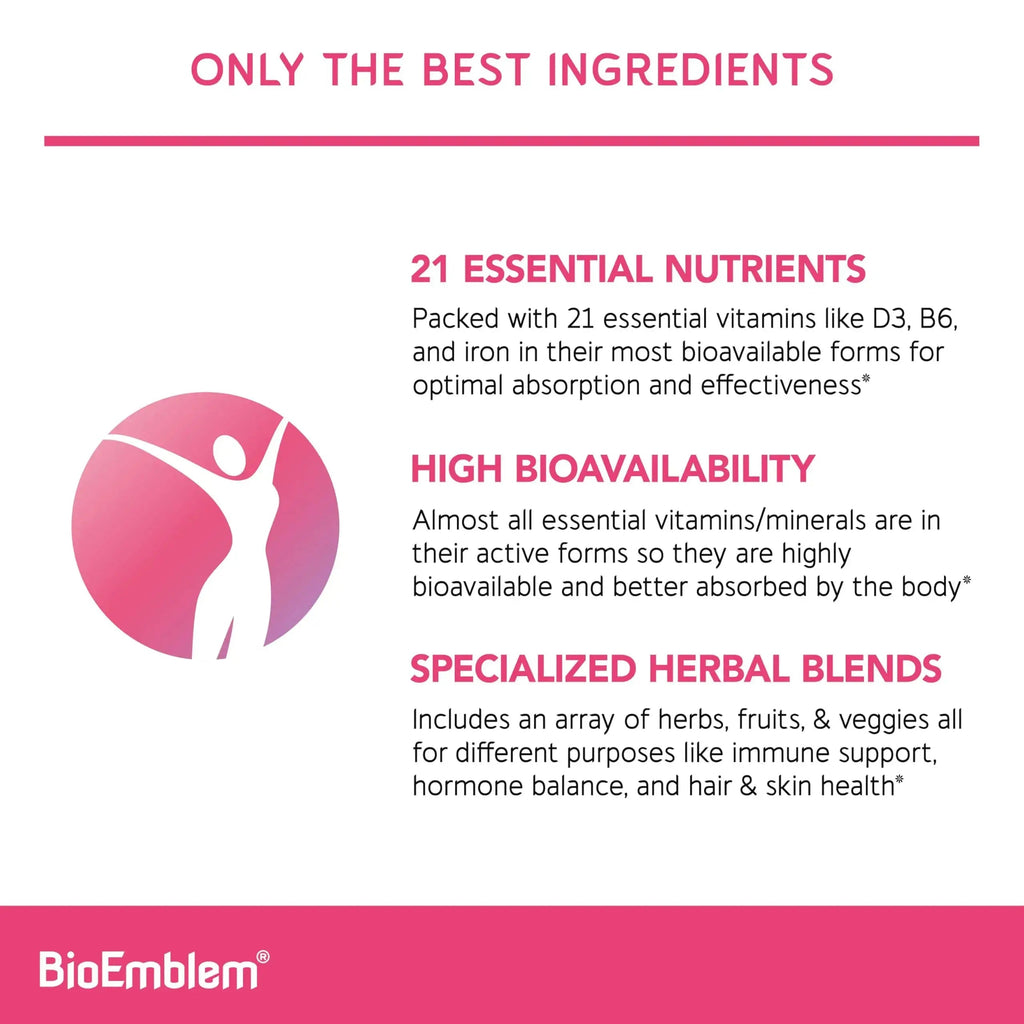 BioEmblem Women's Multivitamin - Complete Daily Multi for Immunity, Energy, Hair, Skin with Vitamin A, B12, B6, D3, Biotin BioEmblem Au supplements