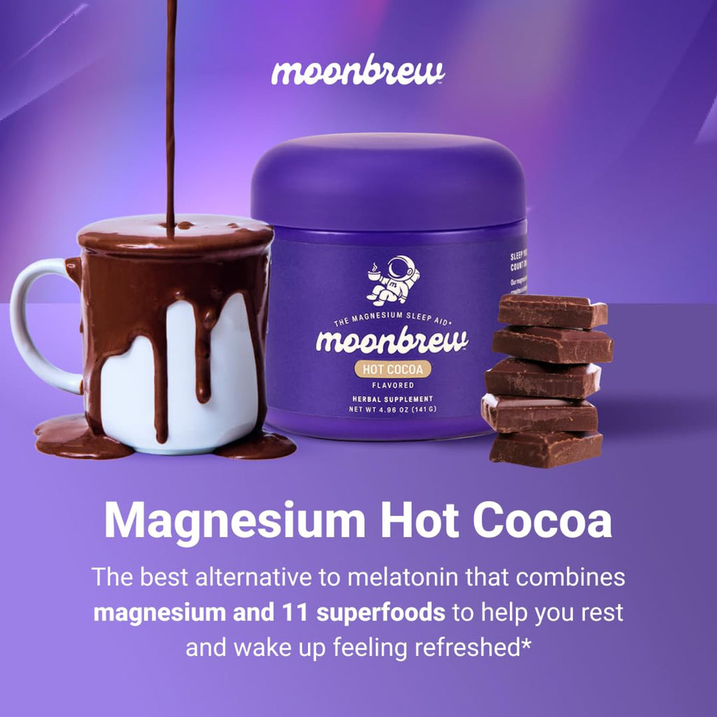 MoonBrew Nighttime Magnesium Hot Cocoa Jar, Natural Sleep Aid Drink Mix for Adults - Calming Melatonin-Free Sleep Support - Sleepy Hot Chocolate Powder with L-Theanine,