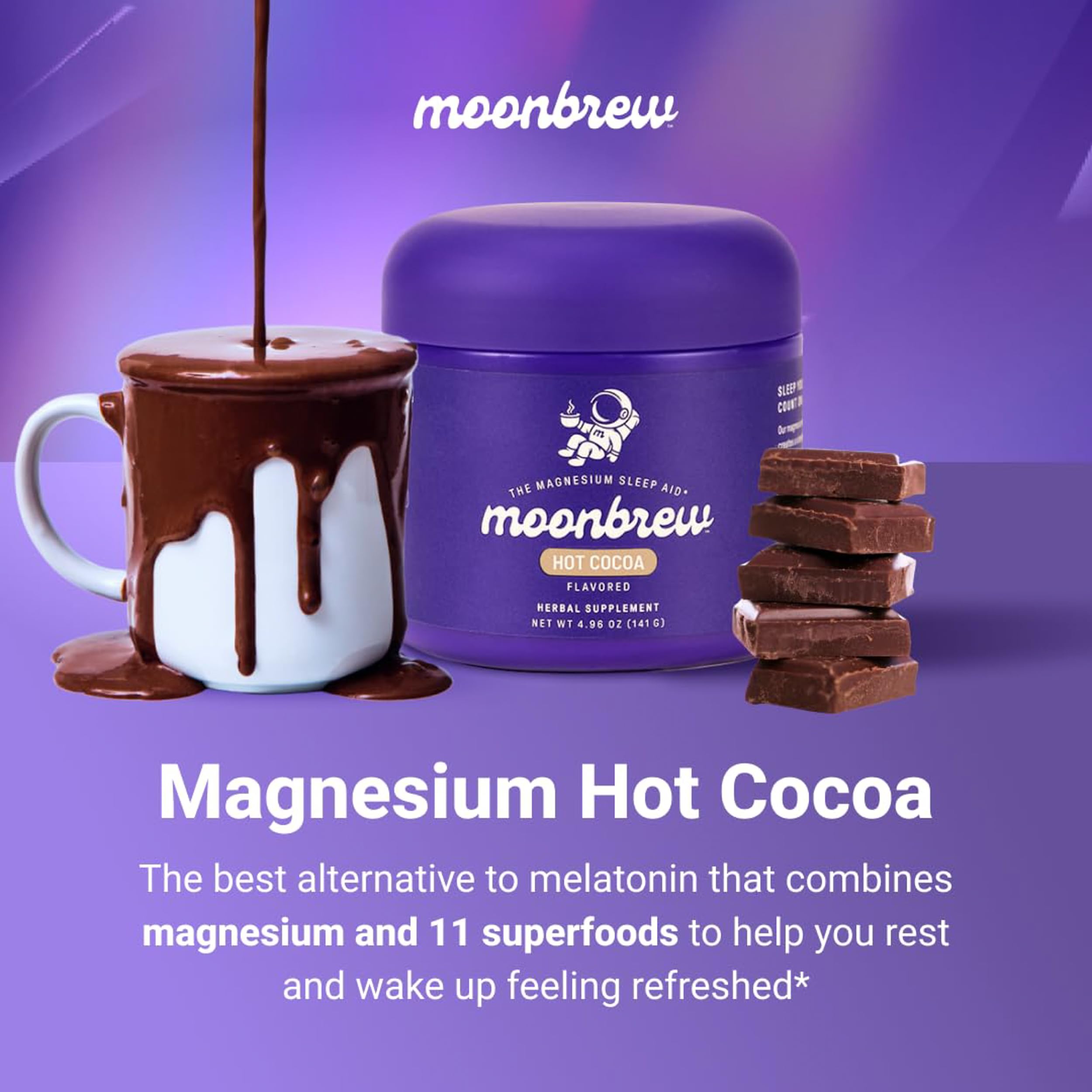 MoonBrew Nighttime Magnesium Hot Cocoa Jar, Natural Sleep Aid Drink Mix for Adults - Calming Melatonin-Free Sleep Support - Sleepy Hot Chocolate Powder with L-Theanine,
