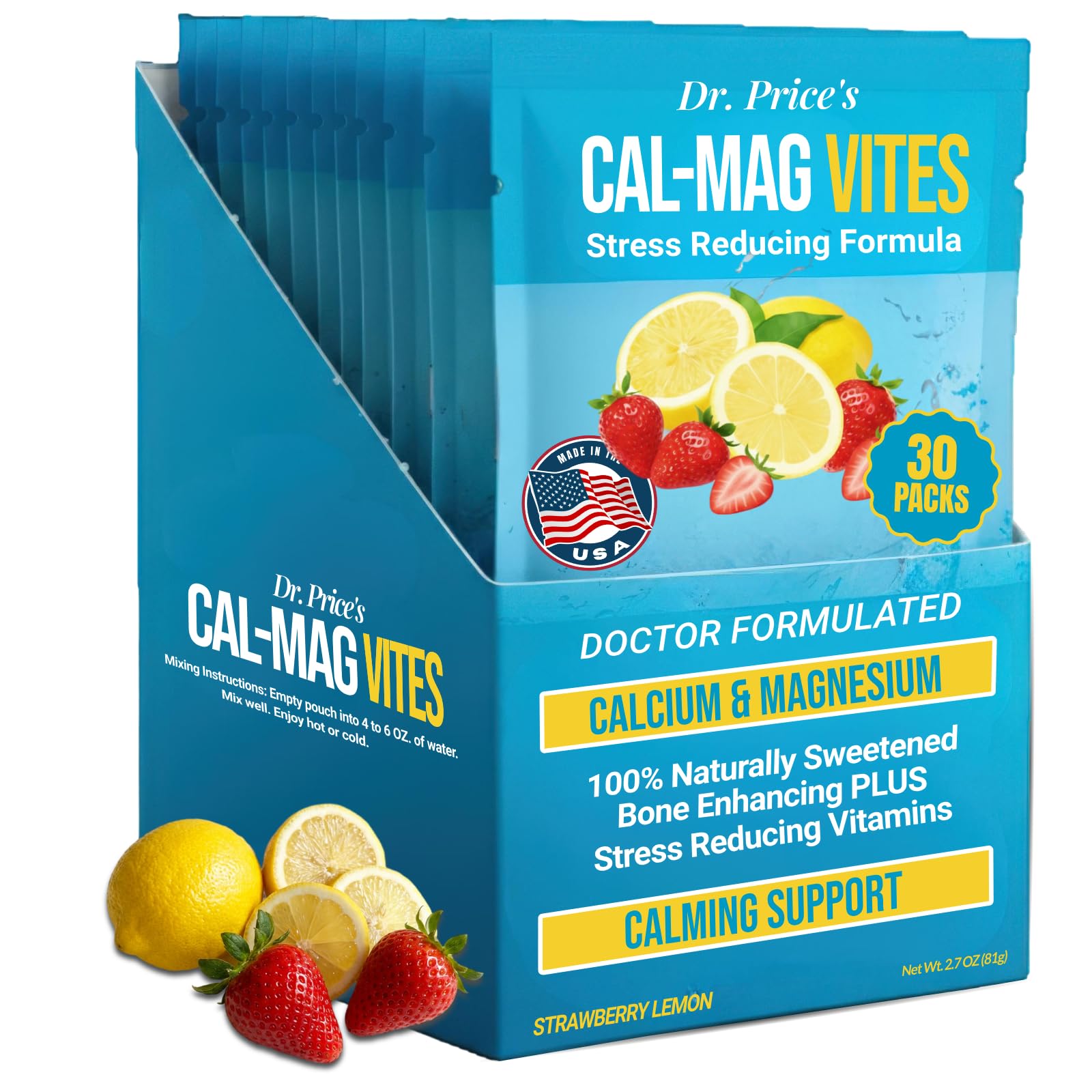 Dr. Price’s Cal-Mag Vites – Strawberry Lemon, 30 Packs | Calcium Magnesium Powder Packets + Vitamin D3, K & Boron | Calming Bone & Muscle Support for Kids & Adults | Doctor-Formulated, Made in USA Dr. Price's Vitamins Au supplements