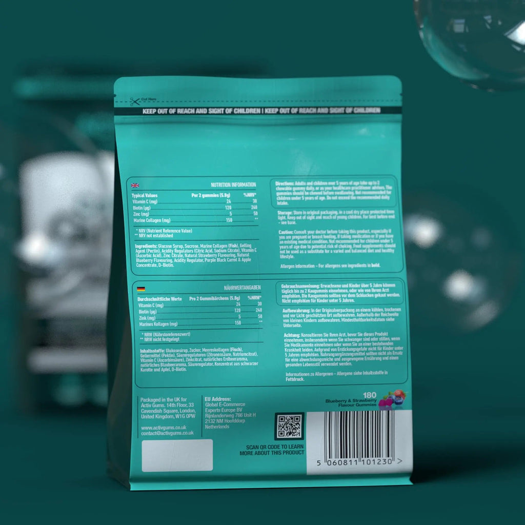 Marine Collagen Complex 180 Gummies. Strawberry & Blueberry Flavour. Resealable & Recyclable Pouch. Contains Marine Collagen, Vitamin C Activ Gums Au supplements