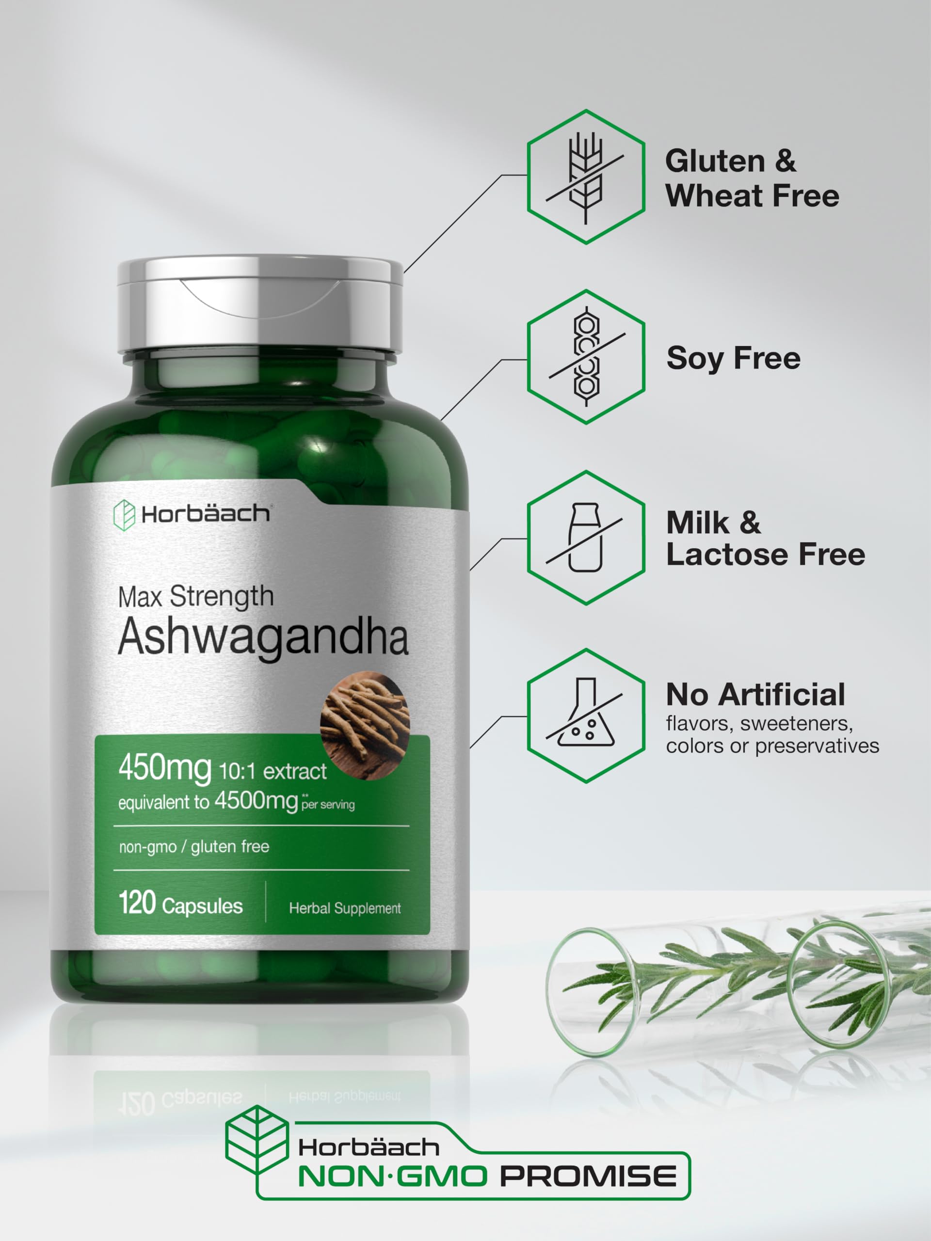 Horbäach Ashwagandha Supplement | Max Strength | 120 Capsules | Non-GMO, Gluten Free