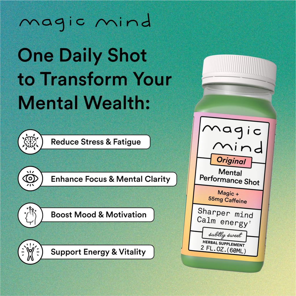 Magic Mind Energy And Focus Drink Shots - Stress Relieving, No Jitters, Ashwagandha, Vitamin B12, Vitamin C, Matcha Green Tea, Functional Mushrooms - 2 FL Oz (15 Pack) Magic Mind Au supplements