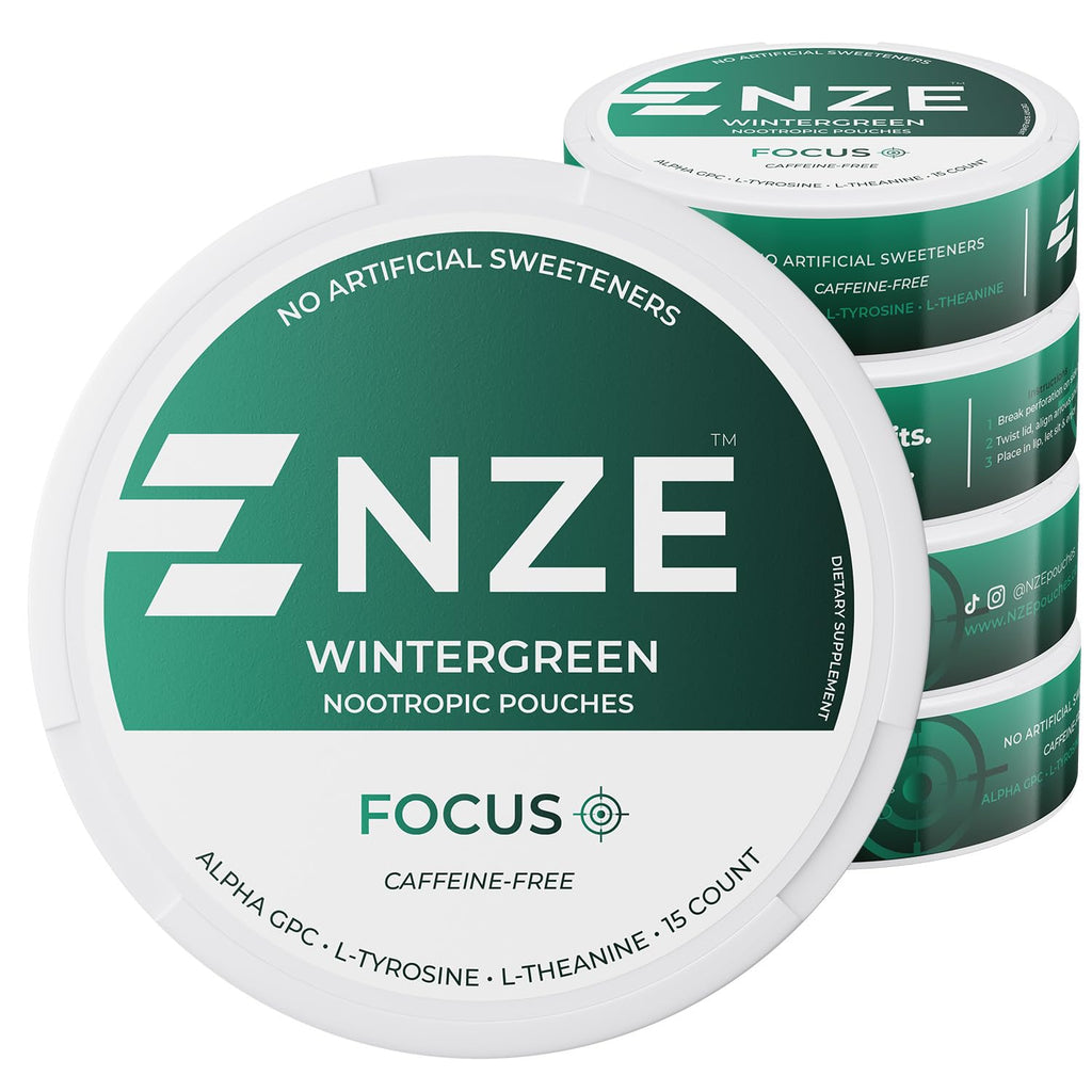 NZE Caffeine Free Nootropic Pouches (Wintergreen) - Nootropic Pouches with Alpha GPC, L-Tyrosine & L-Theanine - No Sugar or Artificial Sweeteners - 15 Pouches Per Can - 5 Pack NZE Au supplements