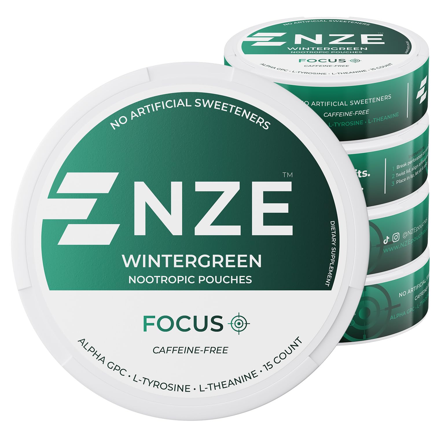 NZE Caffeine Free Nootropic Pouches (Wintergreen) - Nootropic Pouches with Alpha GPC, L-Tyrosine & L-Theanine - No Sugar or Artificial Sweeteners - 15 Pouches Per Can - 5 Pack NZE Au supplements