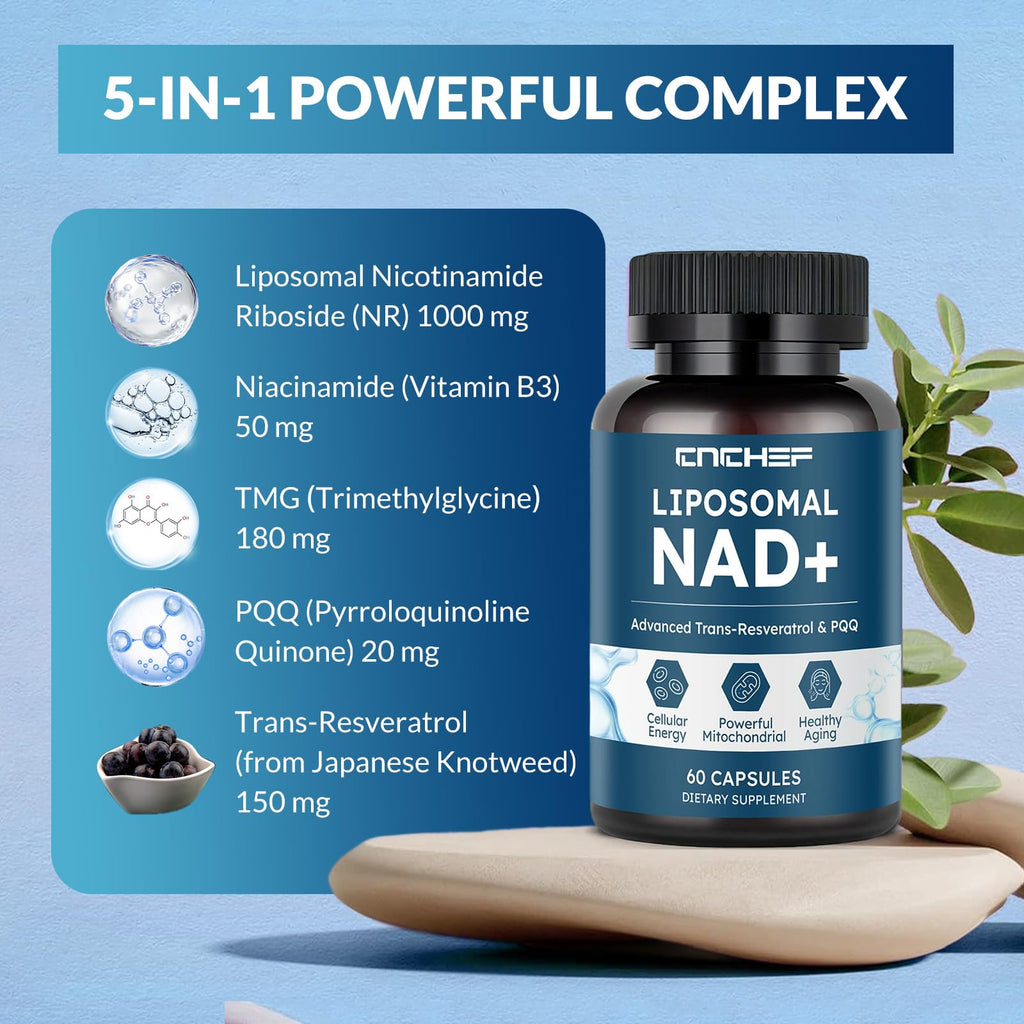 CNCHEF Liposomal NAD Supplement -1000mg, NAD Resveratrol Supplement for Women & Men with Nicotinamide Riboside, Resveratrol, PQQ & TMG, NAD Plus Boosts NAD+ Levels, Anti-Aging & Brain, 60 Capsules CNCHEF Au supplements