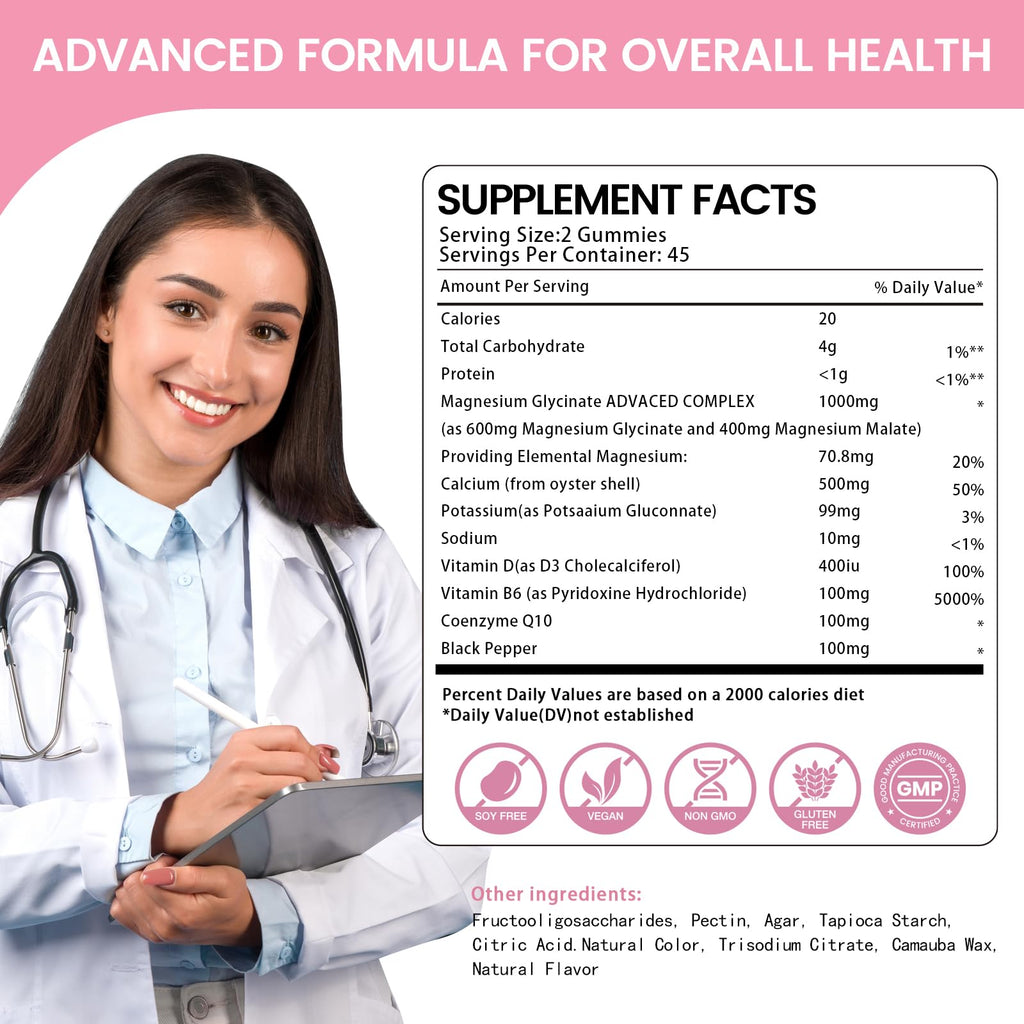 Magnesium Glycinate Gummies 1000mg, High Absorption Sugar Free Magnesium Potassium Supplement for Relaxation