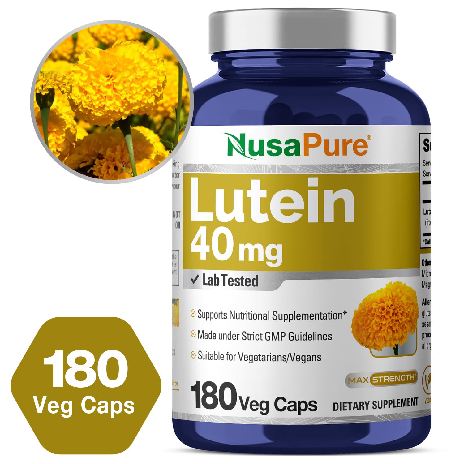 NusasPure Lutein - Suitable for Vegetarian/Vegan, Non - GMO - 40 mg - 180 Capsules NusaPure Au supplements