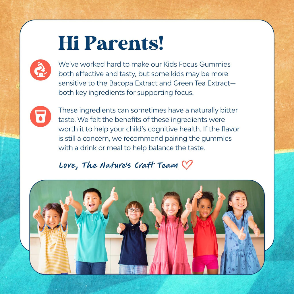 Kids Focus Gummies - Nootropics Brain Support Supplement for Kids with Green Tea Extract, B6 & B12 Vitamins for Memory and Brain Focus - Herbal Concentration Chews for Children - 90 Count Natures Craft Au supplements