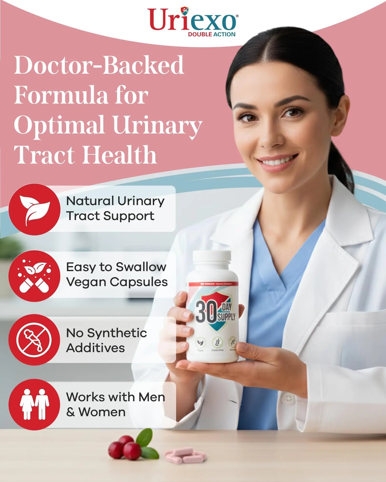 Uriexo Double Action Support Cranberry Pills - Urinary Tract Health Supplement with 36mg Proanthocyanidins PACs & 2000mg D-Mannose, Capsules for Men & Women, Non-Antibiotic Formula, 30 Day Supply Uriexo Au supplements
