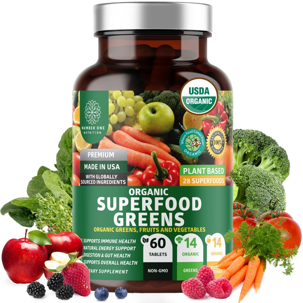 Number One Nutrition USDA Organic and Easy-to-Take Super Greens, Better Than Powder Fruits & Veggies Supplement with 28 Superfood