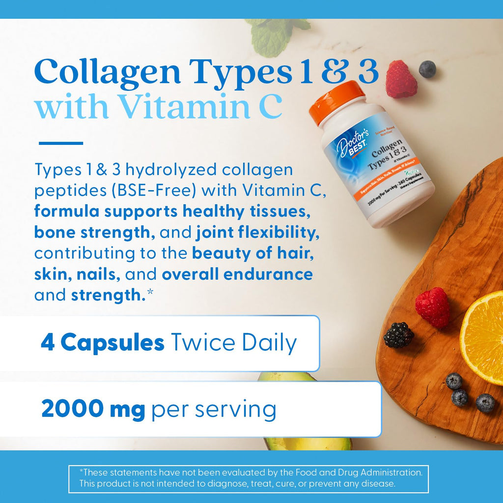 Doctor's Best Collagen Types 1 & 3 with Vitamin C, Non-GMO, Gluten Free, Soy Free, Supports Hair, Skin, Nails, Tendons & Bones, 500 mg, 240 Caps (DRB-00263) Doctor's BEST Au supplements
