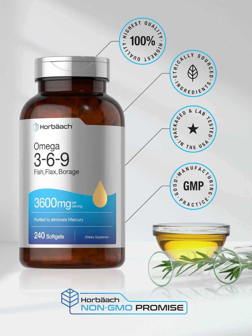 Triple Omega 3-6-9 240 Softgels | from Fish, Flaxseed, Borage Oils | Non-GMO & Gluten Horbäach Au supplements