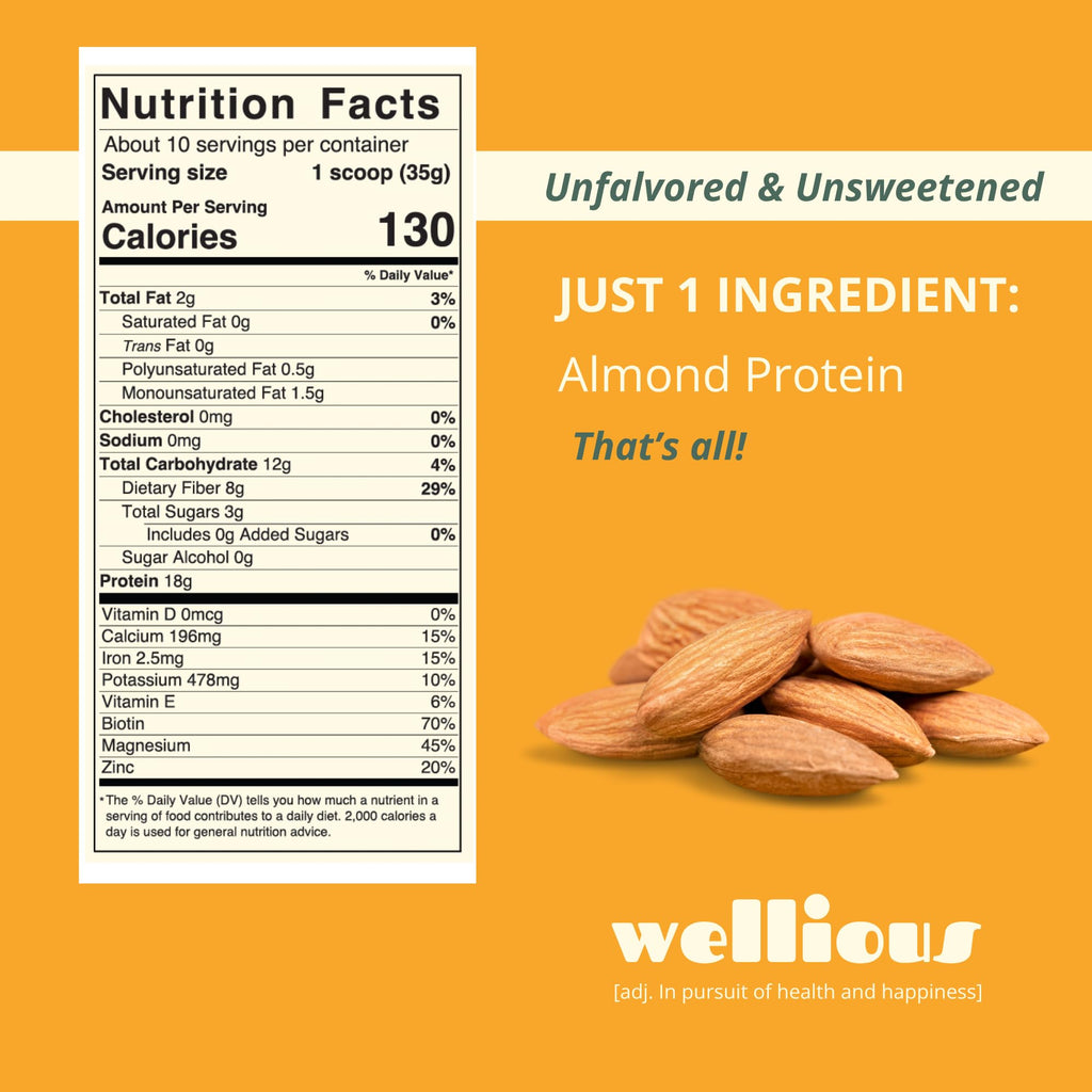wellious Almond Protein Powder (Unflavored, Unsweetened) - 18 Grams of Pure Healthiest Vegan Protein for Women & Men | Soy-Free & Gut Friendly Protein
