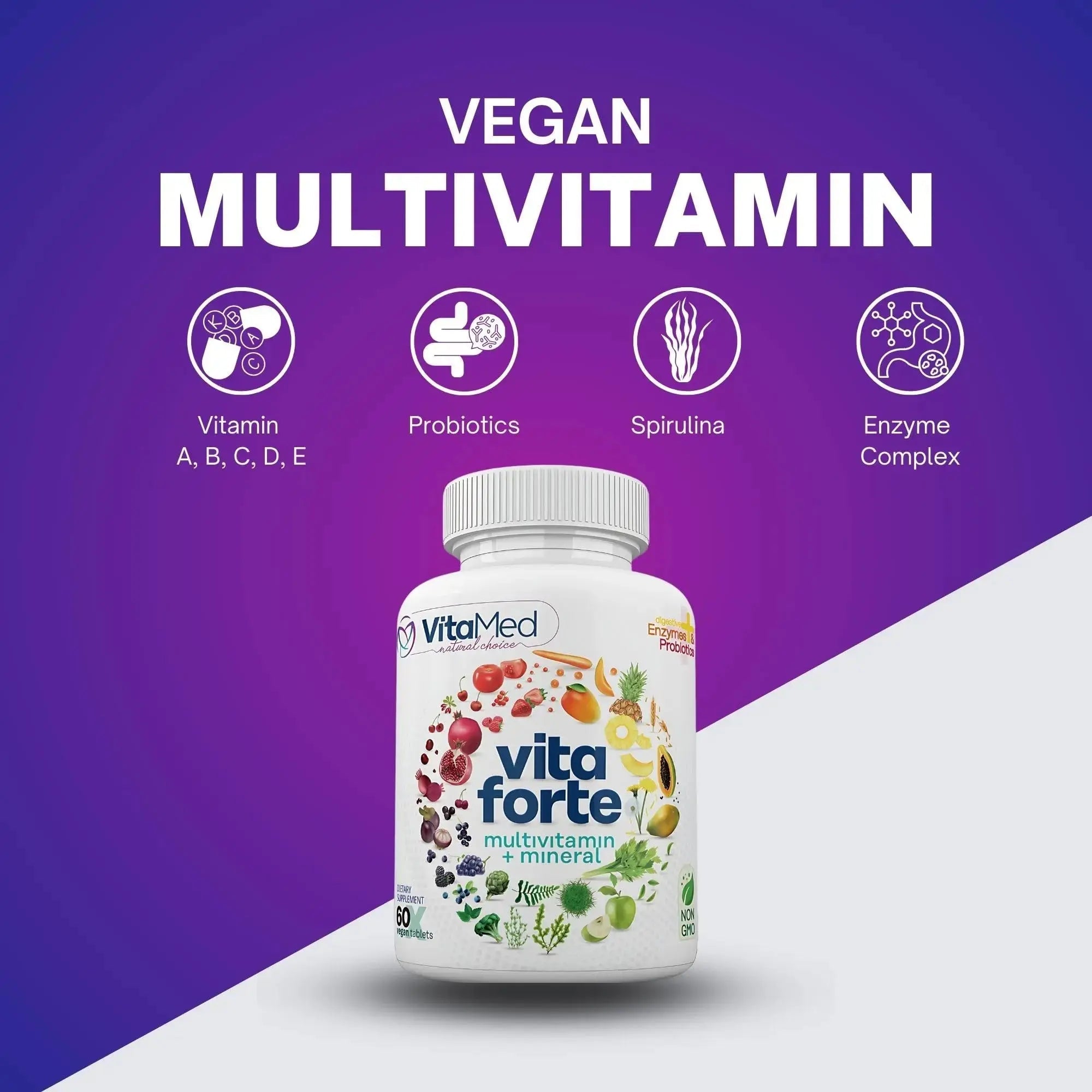 Vita Forte Vegan Multivitamin with Probiotics, Digestive Enzymes & 42 Fruits & Vegetables – Halal Certified VitaMed Au supplements