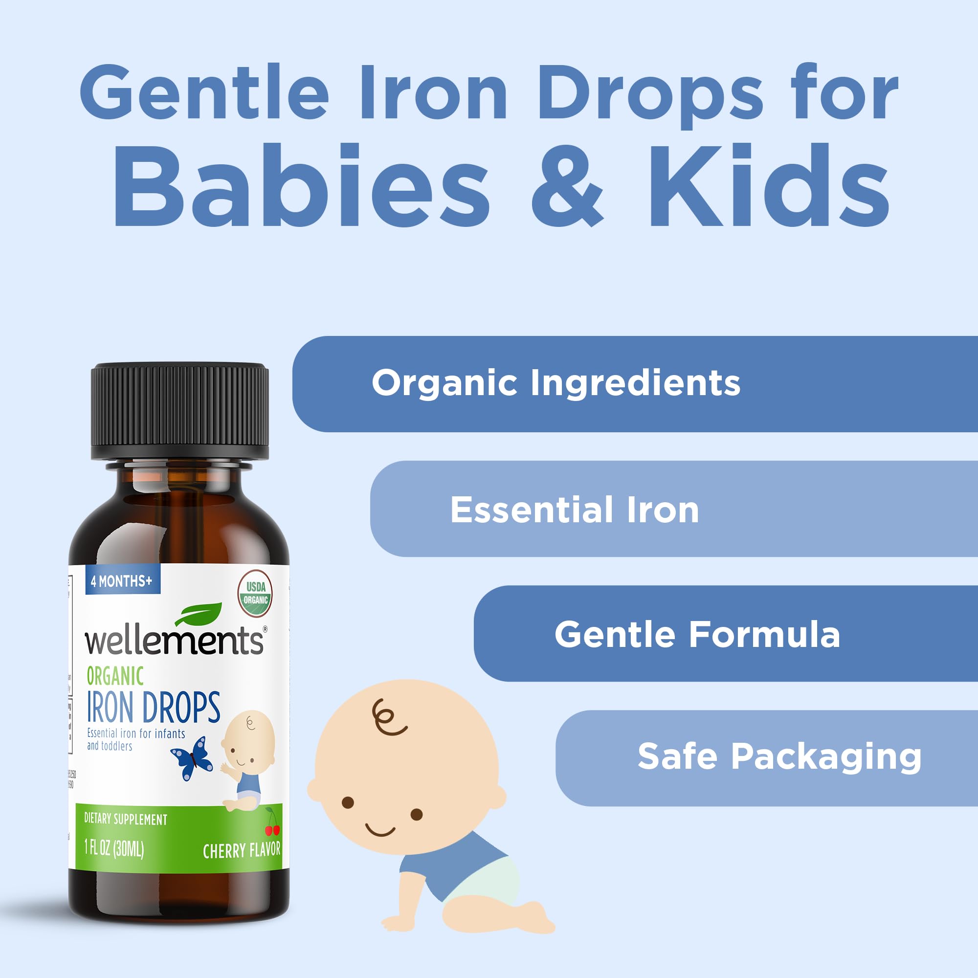 Wellements Organic Iron Drops for Newborn+ Babies (1 Fl Oz) - Cherry Flavor Liquid Iron Supplement for Infants - Toddler Iron Supplement for Kids (4months+ to 3 Years)