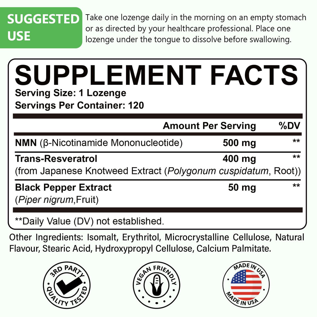 Sublingual NMN 500mg + Trans-Resveratrol 400mg, 3-in-1 Advanced Formula 99% Pure NMN Resveratrol Supplement for Boost* NAD, Cell, Immune, Energy & Muscle, Anti-Aging, 120 Lozenges, 120-Day Supply Ascuoli Au supplements