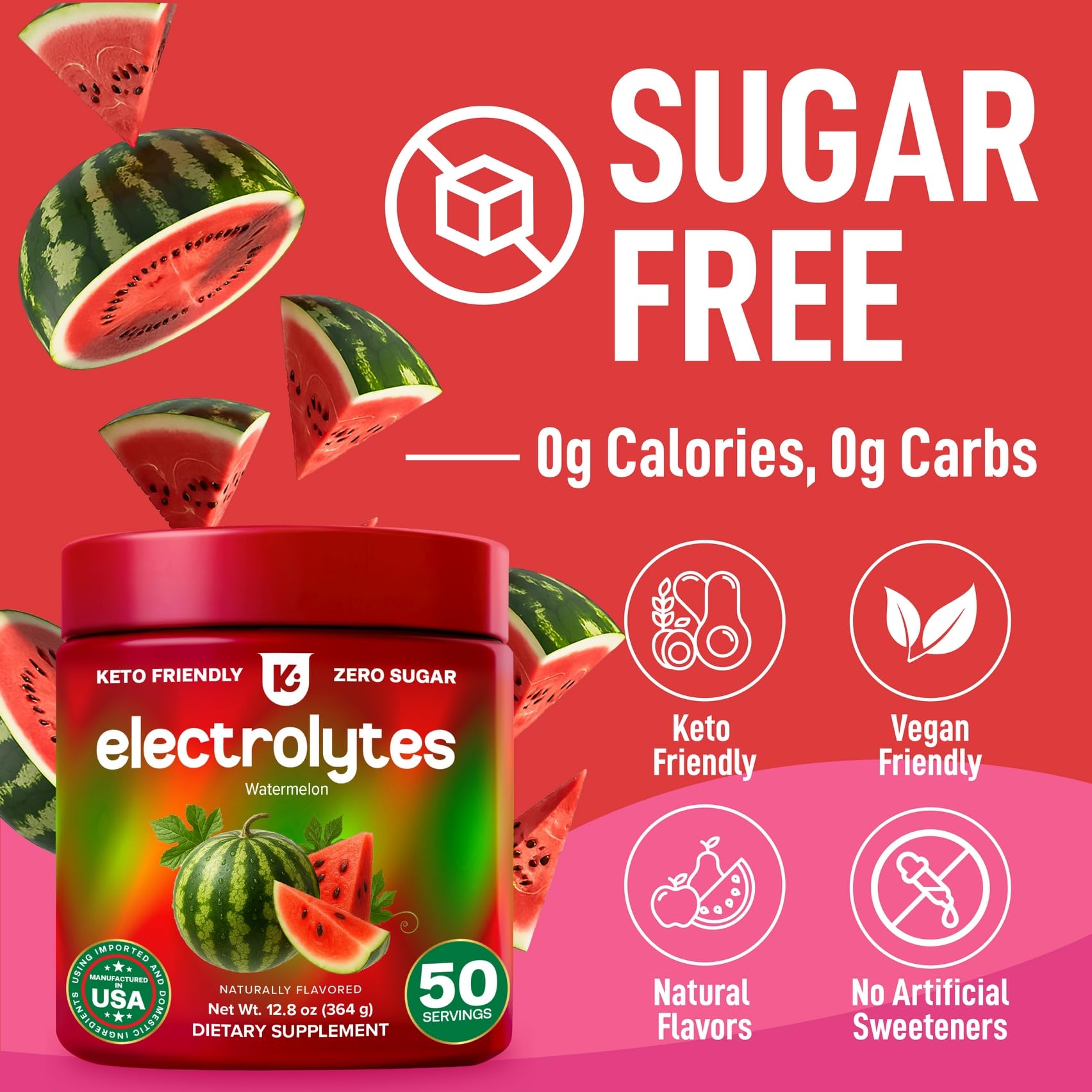 Keppi Electrolytes Powder – Watermelon Flavor – 50 Servings – Electrolytes Powder No Sugar for Hydration – Keto & Fasting Friendly Electrolyte Drink w/Magnesium