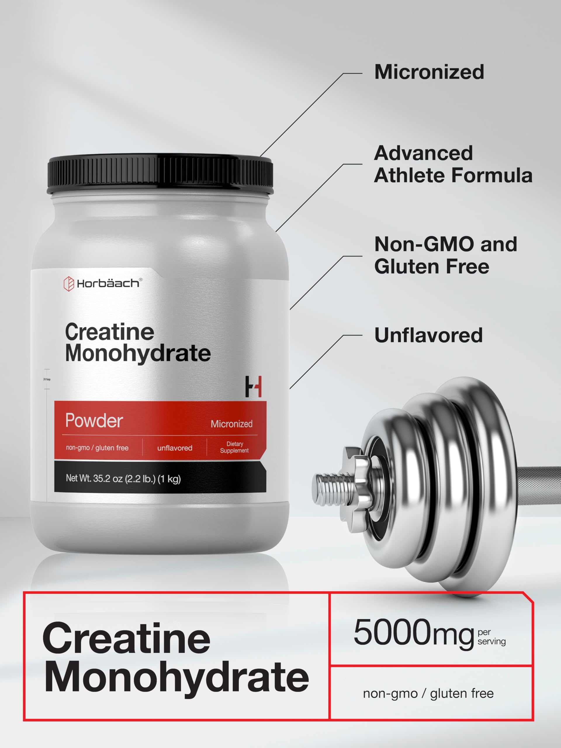 Horbäach Creatine Monohydrate Powder | 2.2lbs (35.2 oz) | Micronized and Unflavored | Vegetarian, Non-GMO, and Gluten Free Supplement Horbäach Au supplements