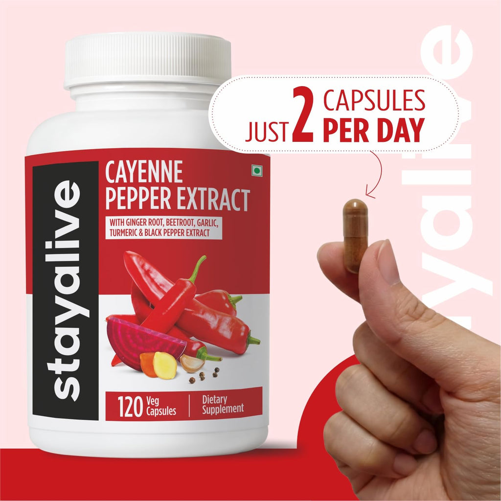 STAY ALIVE Cayenne Pepper Capsules, 6-in-1 Capsicum Blend w/Ginger, Garlic, Turmeric, Beet Root, and Black Pepper Extract, 120 Cayenne Capsules,