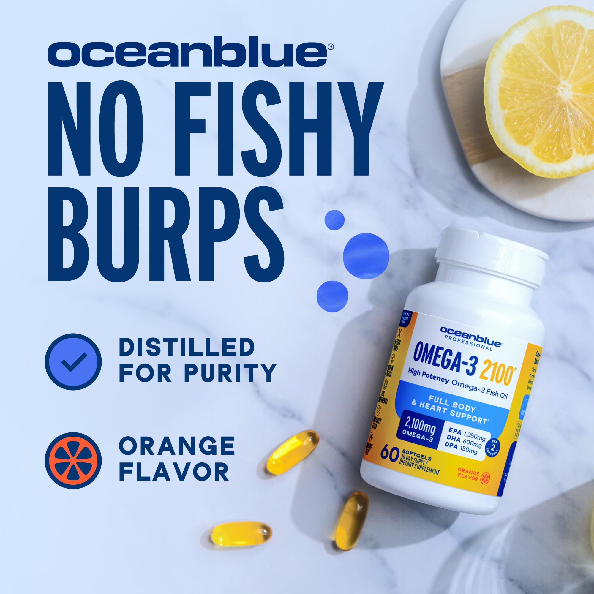Oceanblue Professional Omega-3 2100 – 180 ct – Triple Strength Burpless Fish Oil Supplement with High-Potency EPA, DHA, DPA