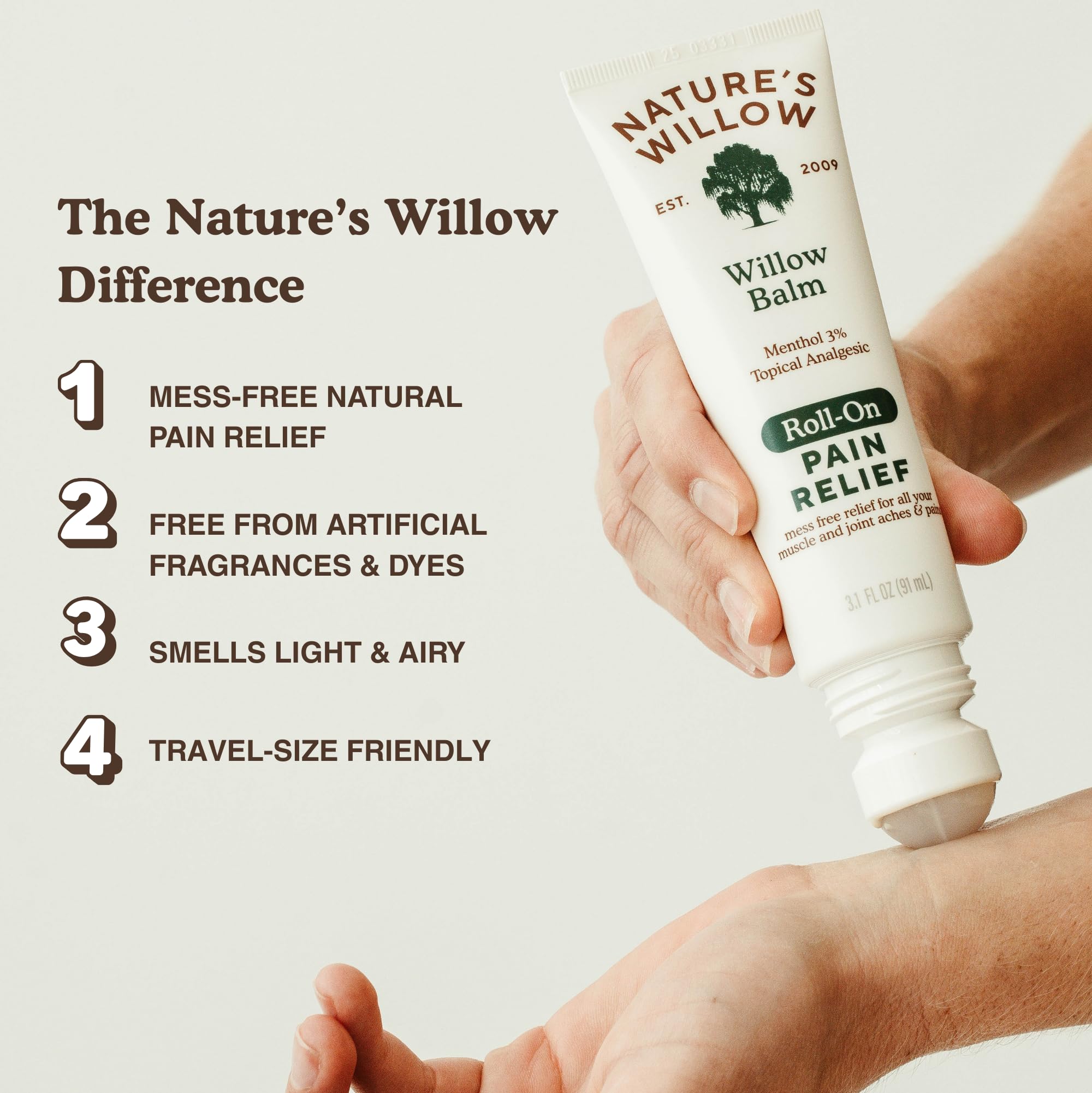 NEW Nature's Willow ROLL-ON Pain Relief | Fast-Acting, No-Mess Relief for Back, Neck, Knees & Joints | Willow Bark & Menthol | Clean, Fresh Scent | No Dyes or Artificial Fragrance | 3.1 fl oz | 3-Pack Nature's Willow Au supplements