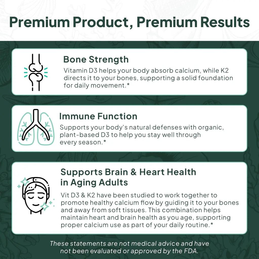 Organics Ocean Better D3 + K2-100% Organic VIT D3 and K2 Supplements with Maximum Bioavailability - Supports Bone Density, Calcium Balance Organics Ocean Au supplements