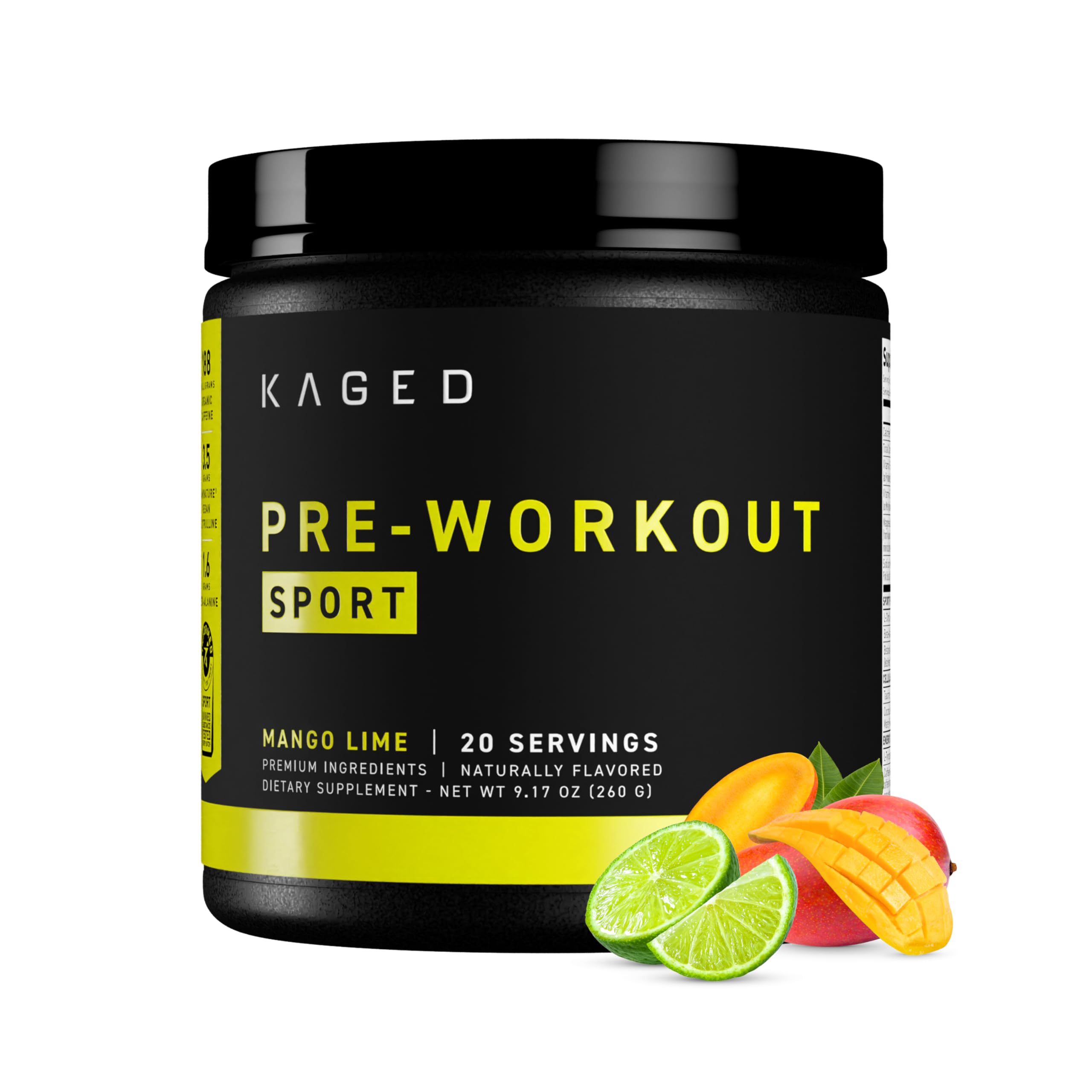 Kaged Sport Pre Workout Powder for Men & Women, Mango Lime, Sport Certified, 188mg Caffeine, Nitric Oxide Supplement, Beta Alanine for Energy, Weightlifting