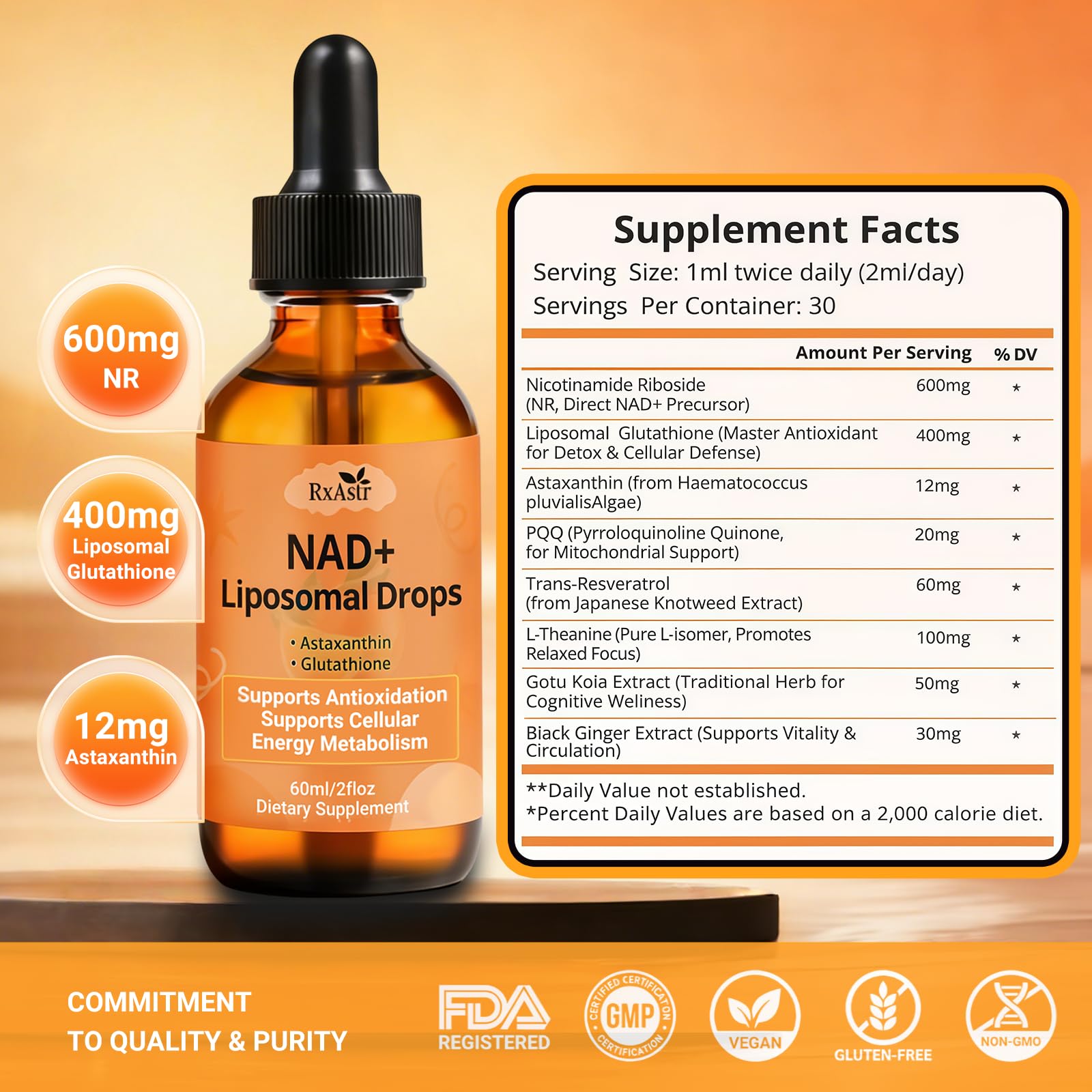 NAD+ Liposomal Drops with Astaxanthin & Glutathione, 600mg NR for Cellular Energy, Antioxidant Defense, Skin & Cognitive Support for Men & Women, Natural Citrus Flavor, Vegan, GMP Certified, 60ml RxAstr Au supplements